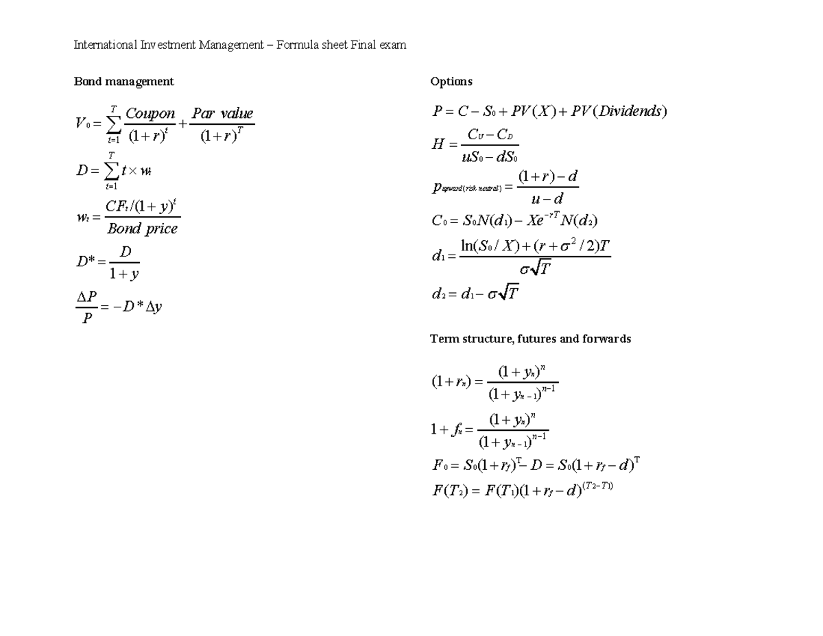 International Investment Management Formula Sheet - Final Exam ...