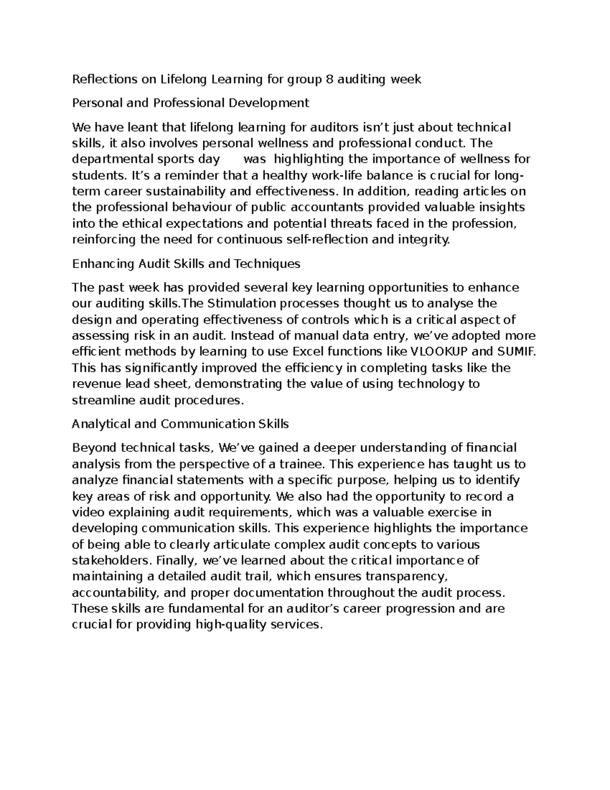 Reflection on Lifelong Learning in Auditing - Group 8 Insights - Studocu