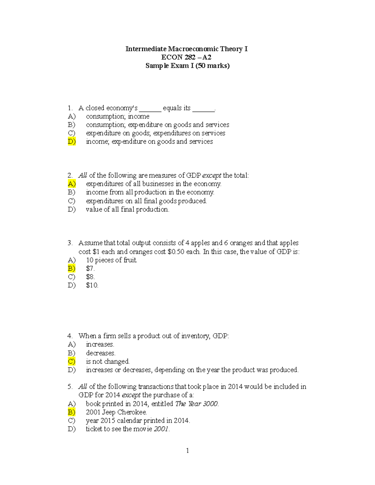 ECON 282 Intermediate Macroeconomics Practice Exam I - Studocu