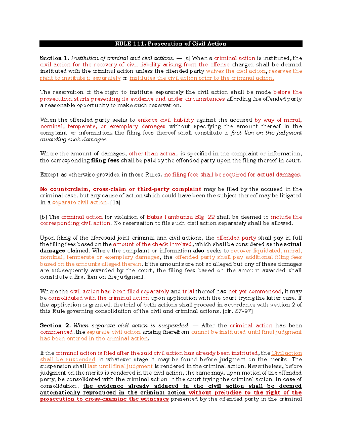 RULE 111: Notes on Civil Actions in Criminal Prosecution - Studocu
