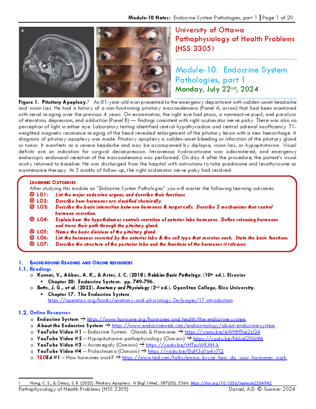 Endocrine System Pathologies - Module 10 (HSS3305) Summer 2024 Notes ...