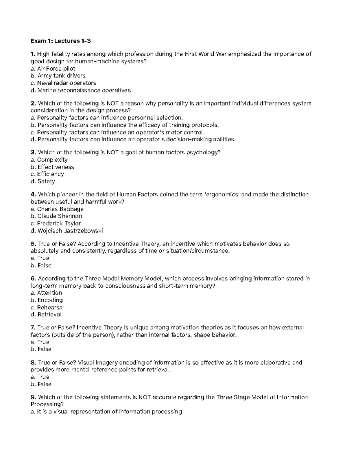 Exam 1: Lectures 1-3 - Human Factors Psychology - Studocu
