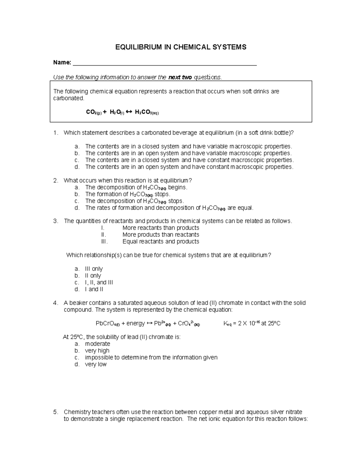 16.6 Chemical Equilibrium Practice Test Review for Students - Studocu