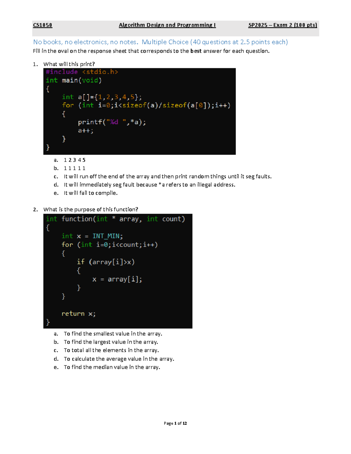 CS1050 Algorithm Design and Programming I SP2025 Exam 2 Q&A Guide - Studocu