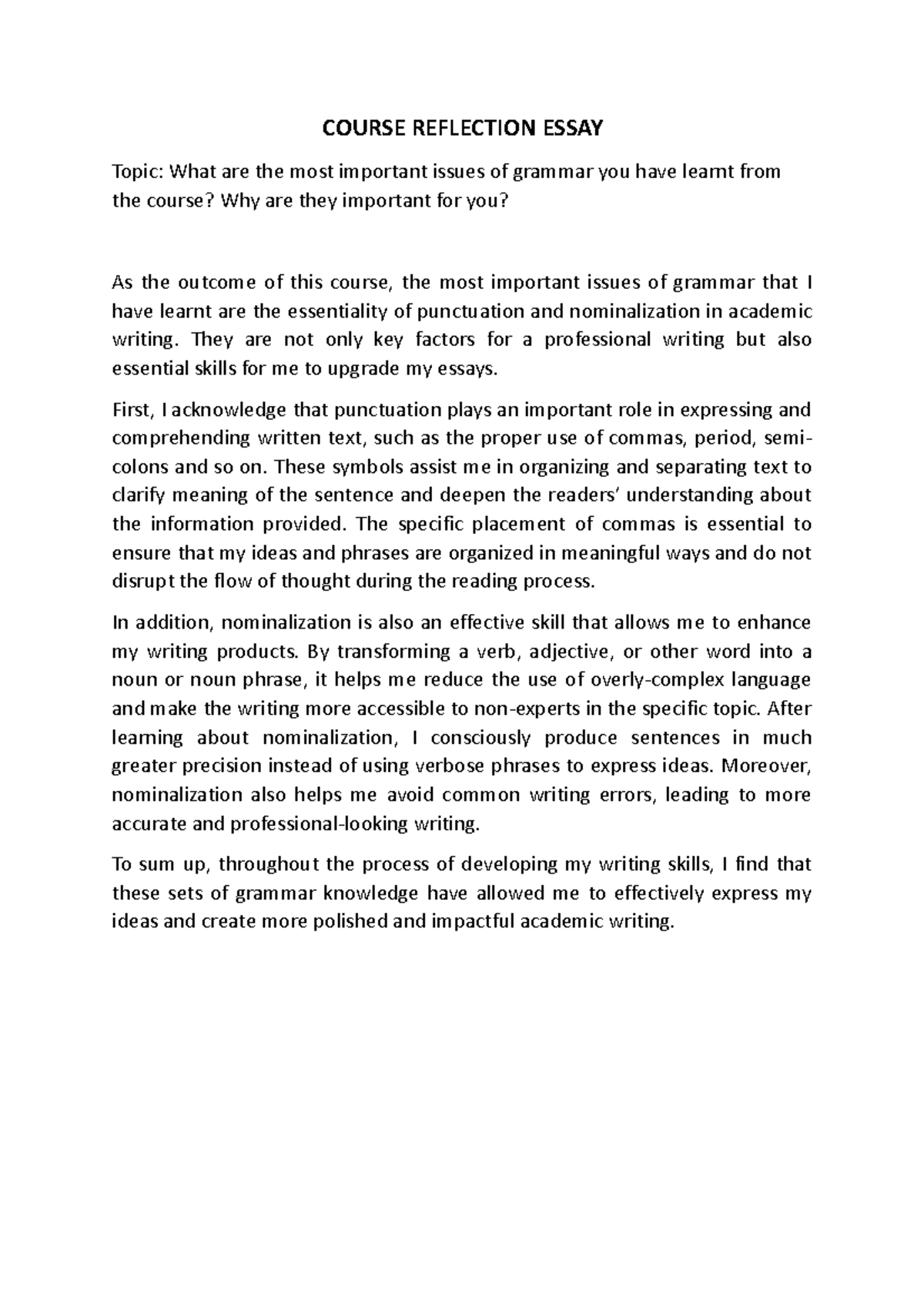 Course Reflection Essay: Key Grammar Insights and Importance - Studocu