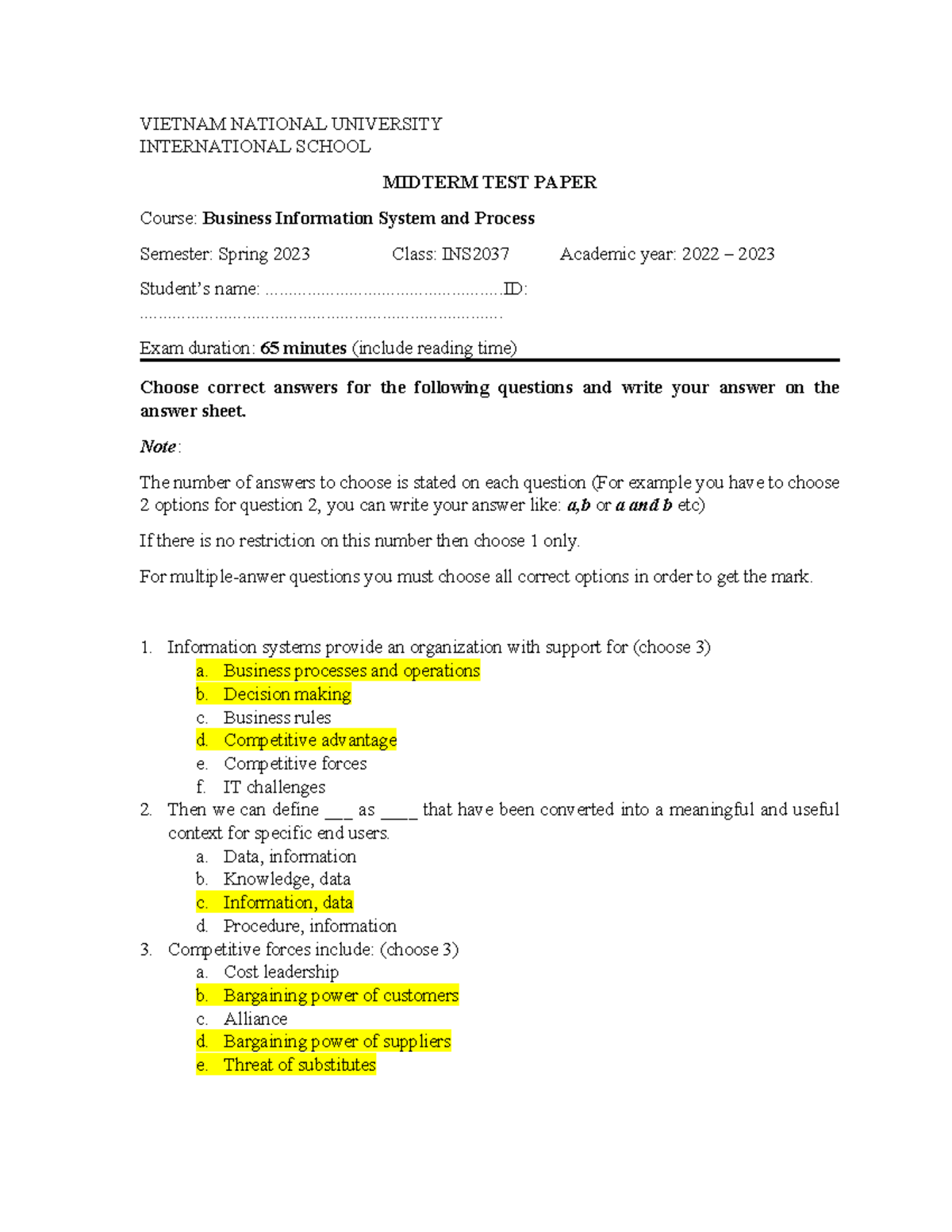 INS2037 Midterm Test Paper: Business Information Systems Spring 2023 ...
