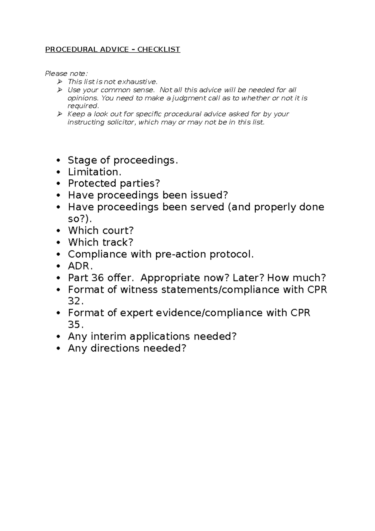 Procedural Advice Checklist for Legal Proceedings - Studocu