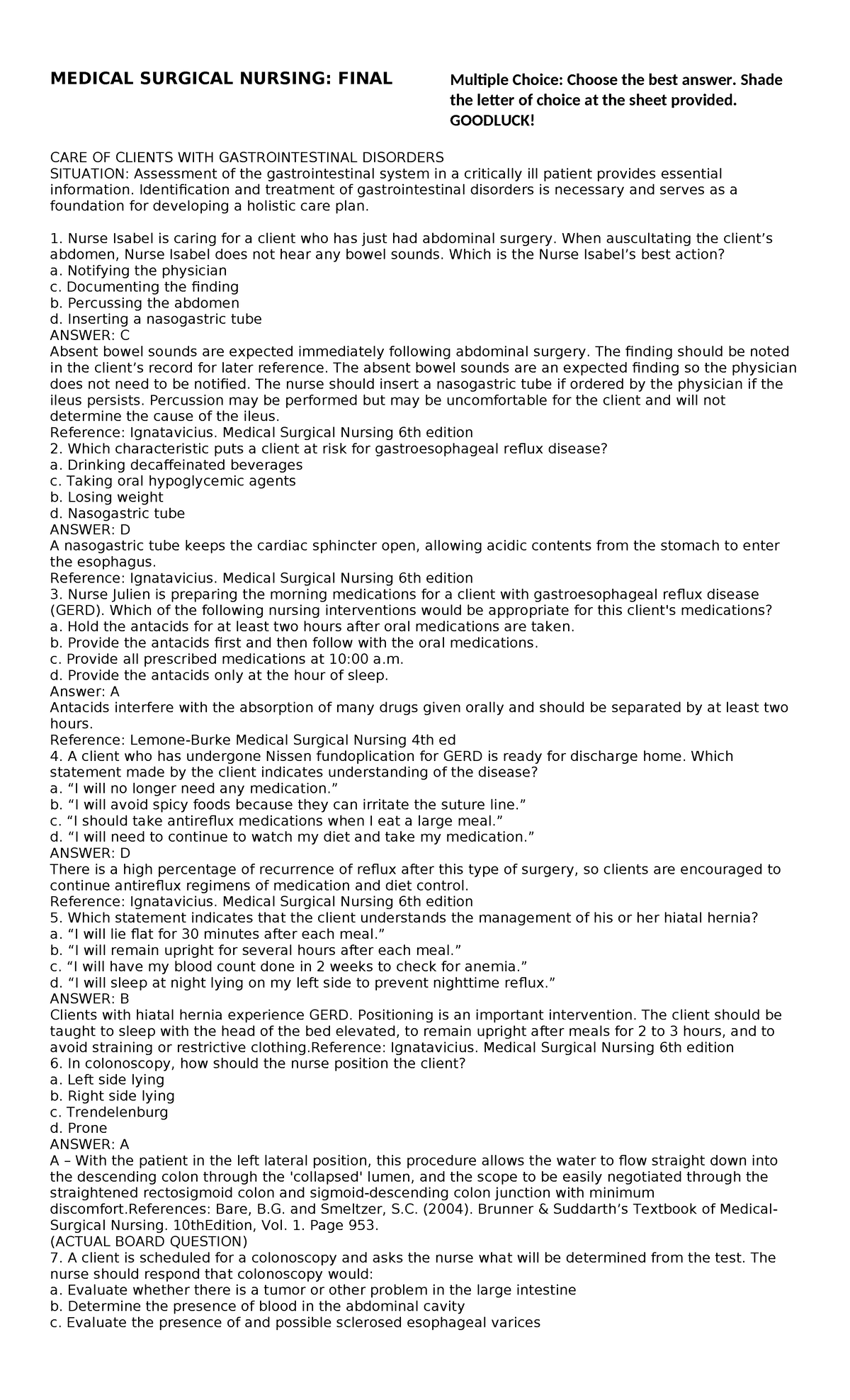 MS Nursing Final Exam Study Guide: Gastrointestinal Disorders - Studocu