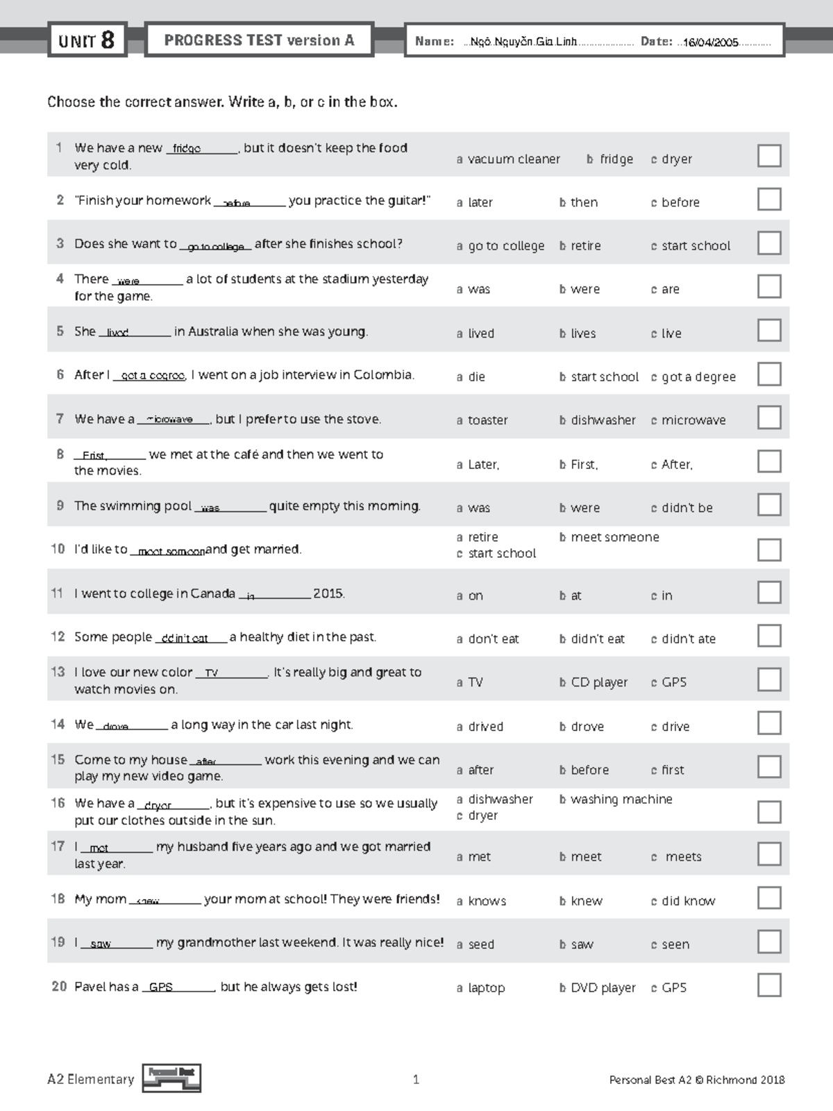PB Am E A2 Unit 8 Progress Test Version A - Studocu