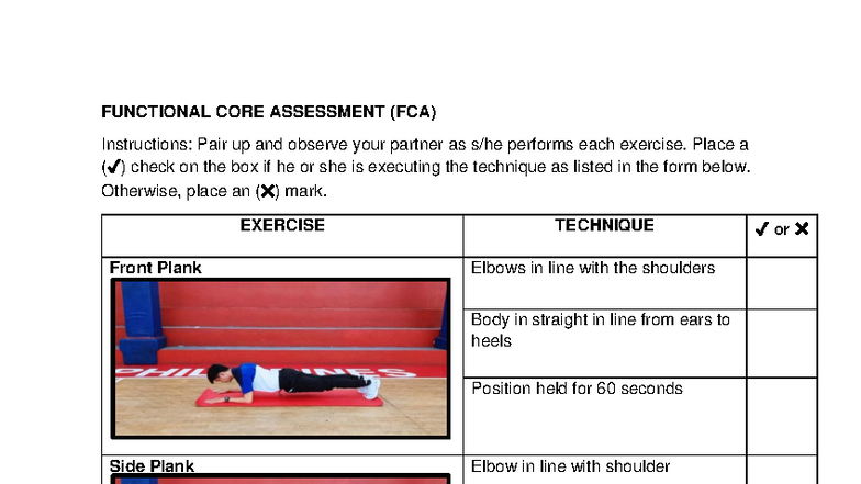 FCA: Functional Core Assessment Exercise Observation Guide - Studocu