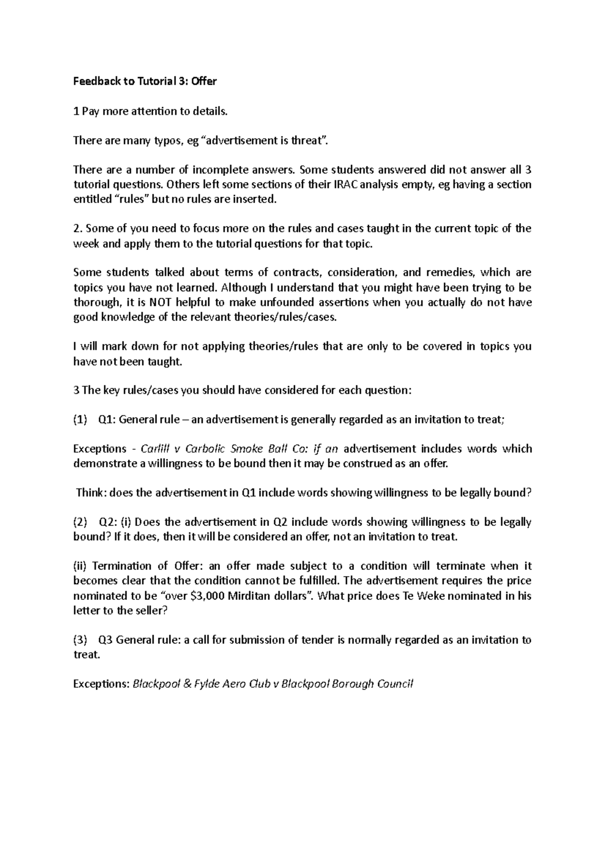 LW201 Law of Contract I - Tutorial 3 Feedback - Contract Law 1 - USP ...