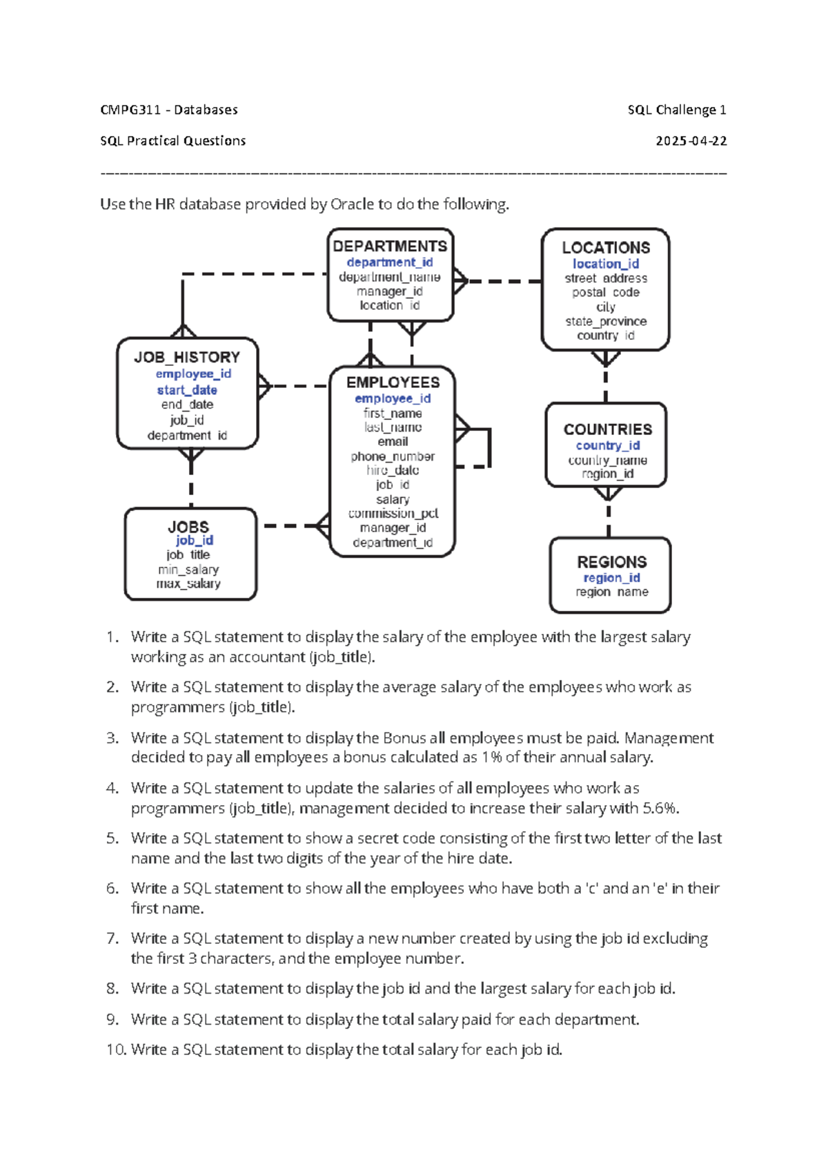 CMPG311 SQL Challenge 1: HR Database Practical Questions - Studocu