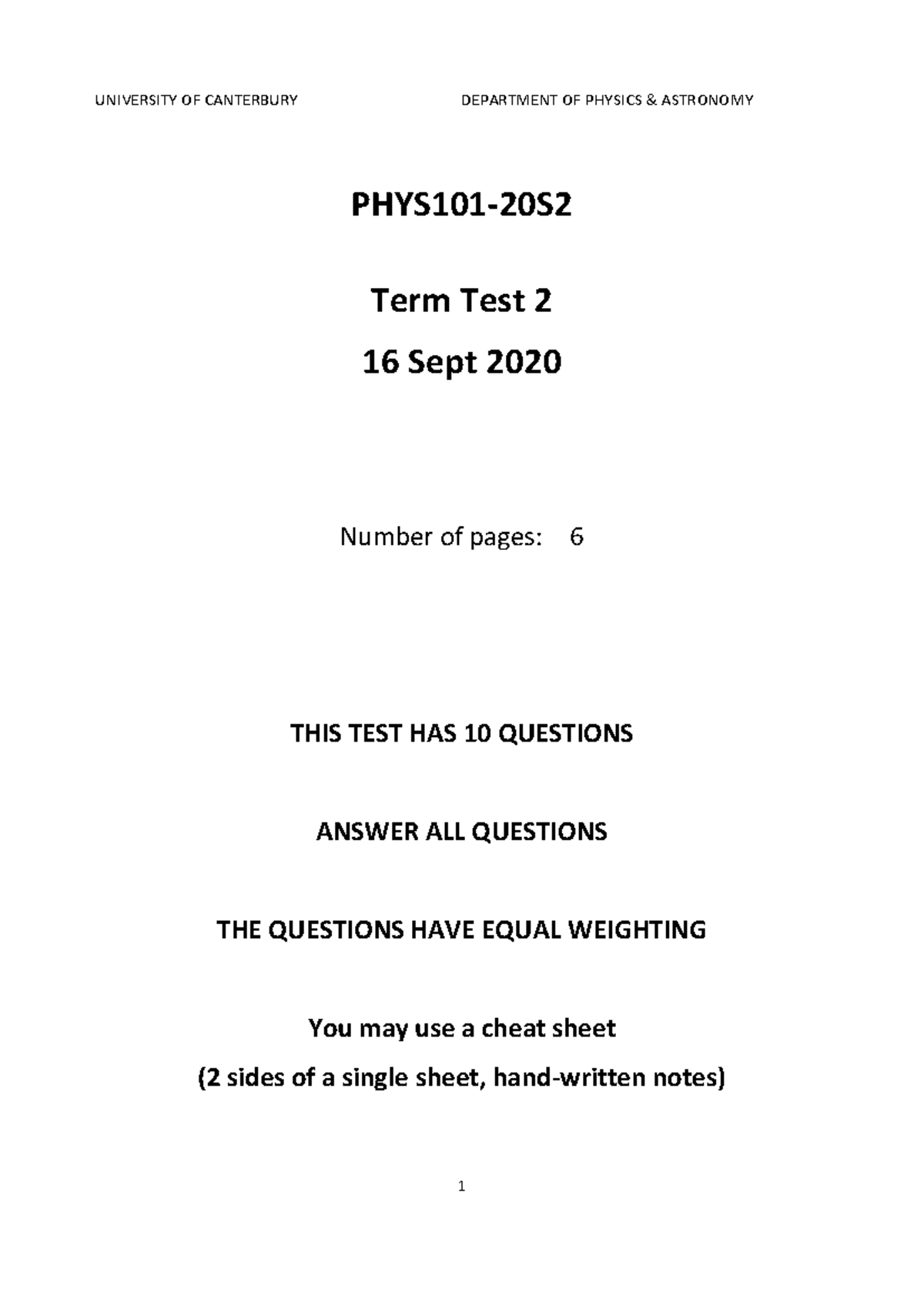 PHYS101 Term Test 2 - Past Test Questions & Instructions (2020) - Studocu
