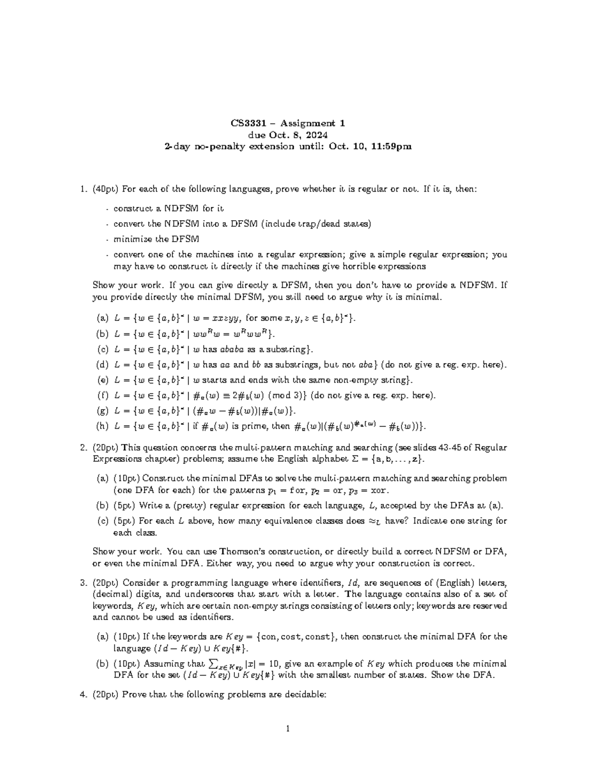 CS3331 a1 - sol - CS3331 – Assignment 1 due Oct. 8, 2024 2-day no ...