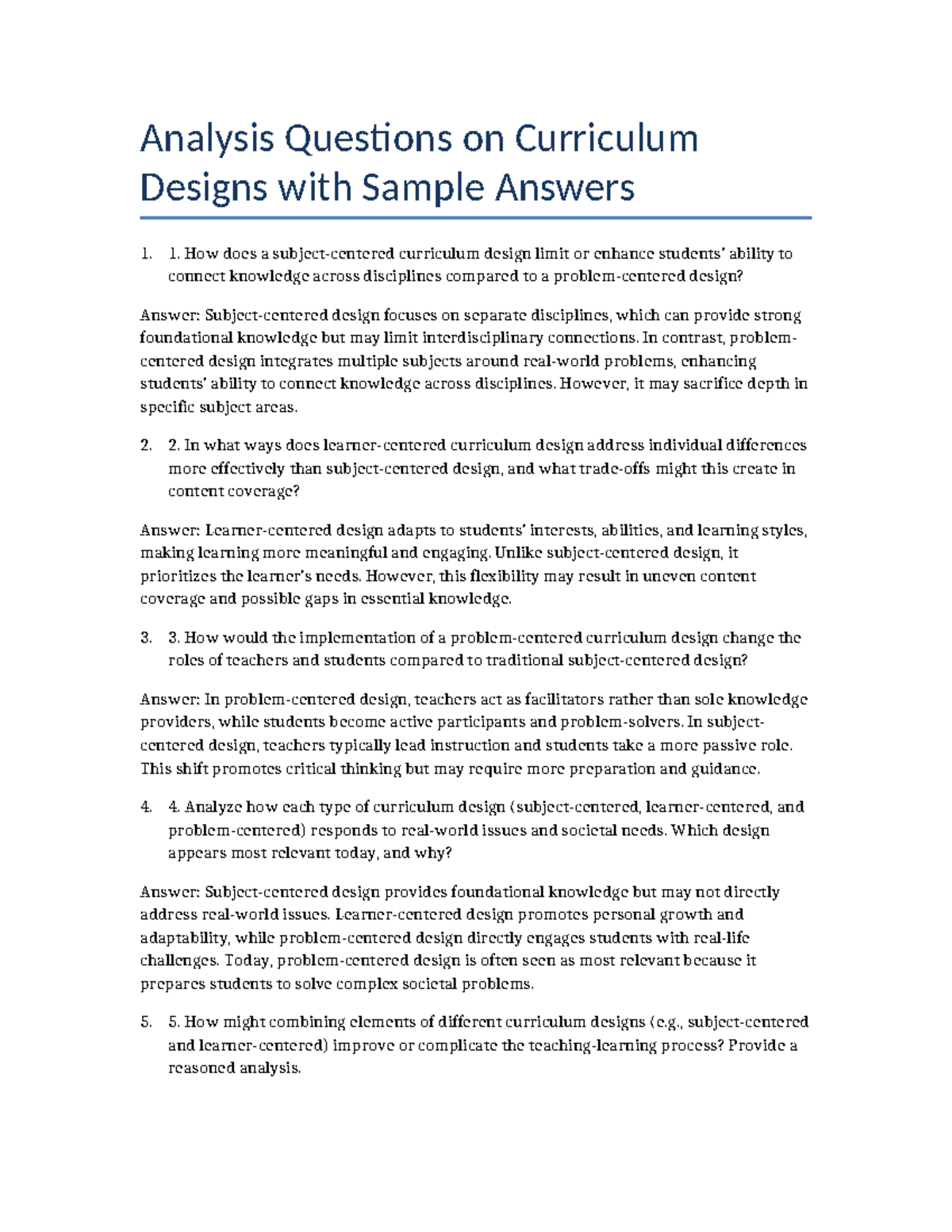 Analysis Questions on Curriculum Designs: Insights & Sample Answers ...