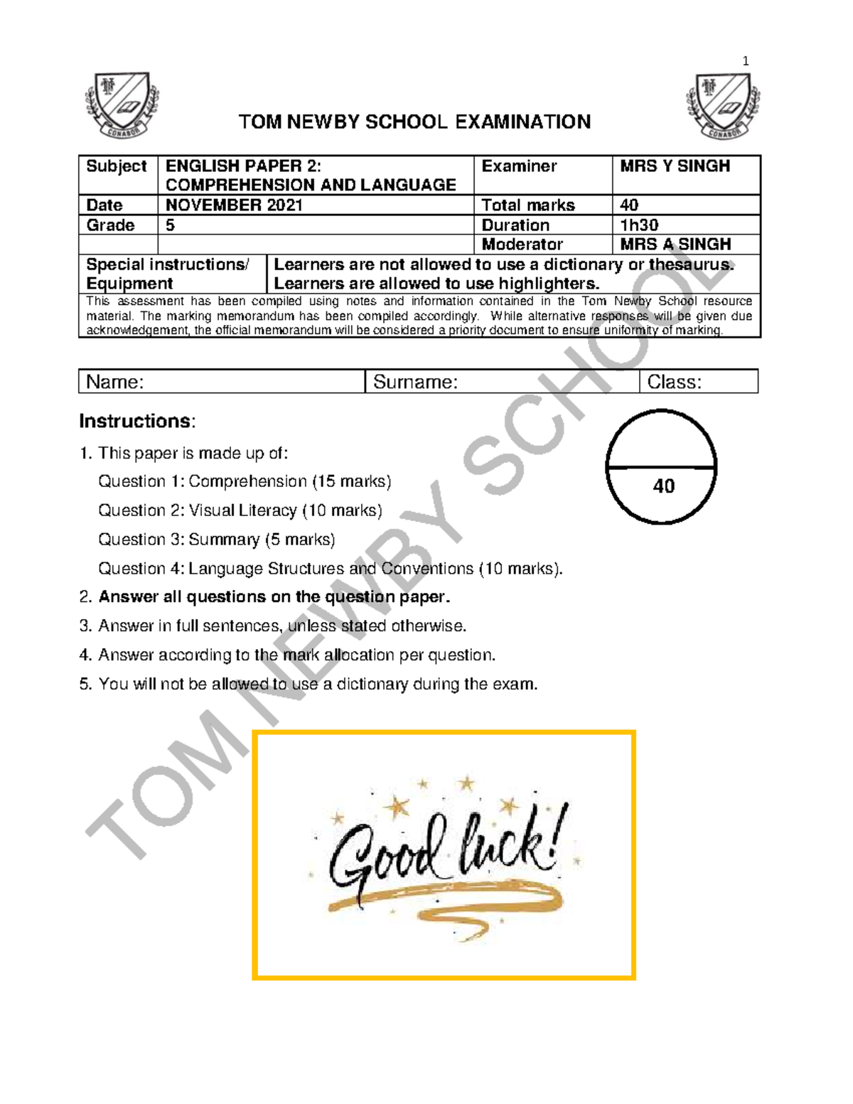 Grade 5 English Exam Paper 2: Comprehension & Language - Nov 2021 - Studocu