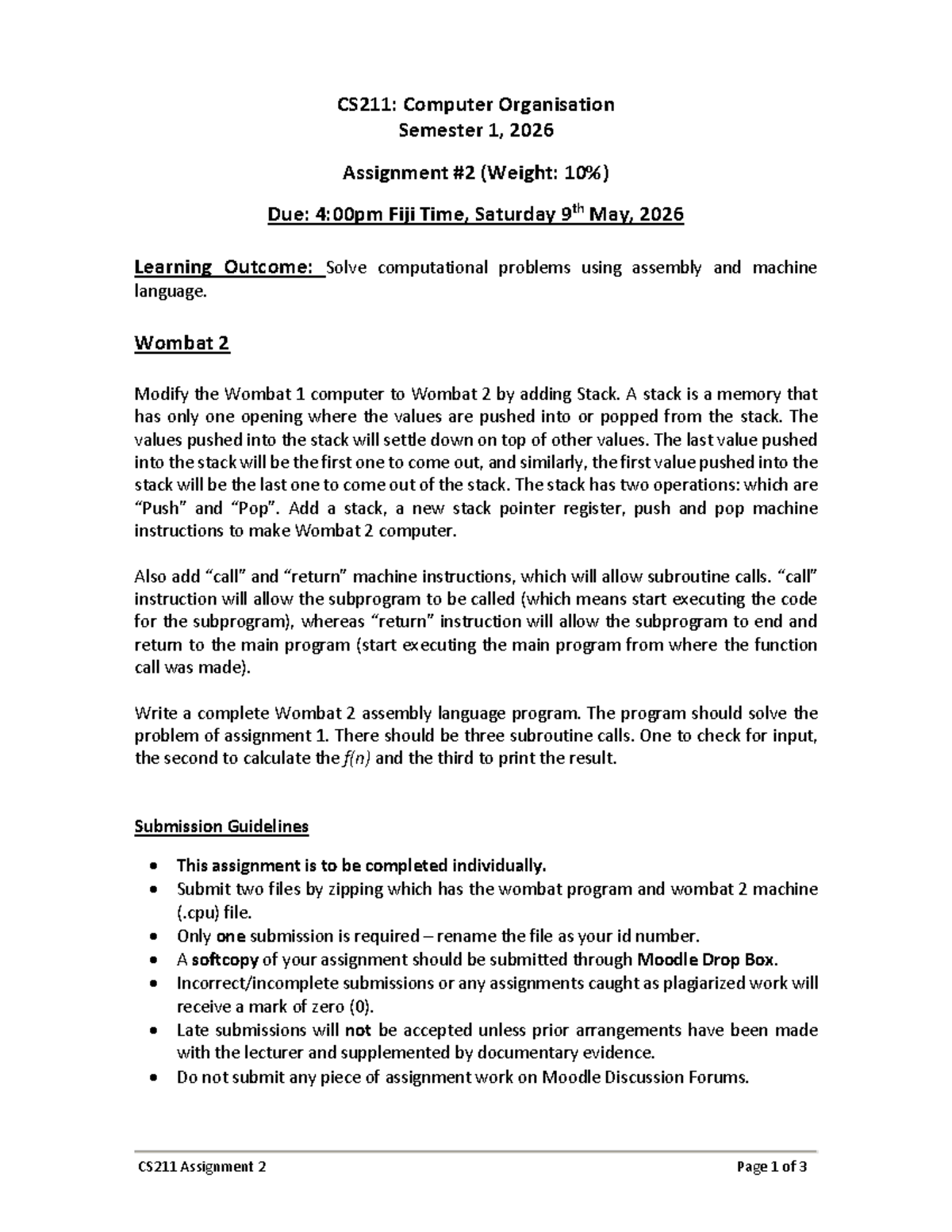 CS211: Computer Organisation Assignment 2 - Wombat 2 Stack ...