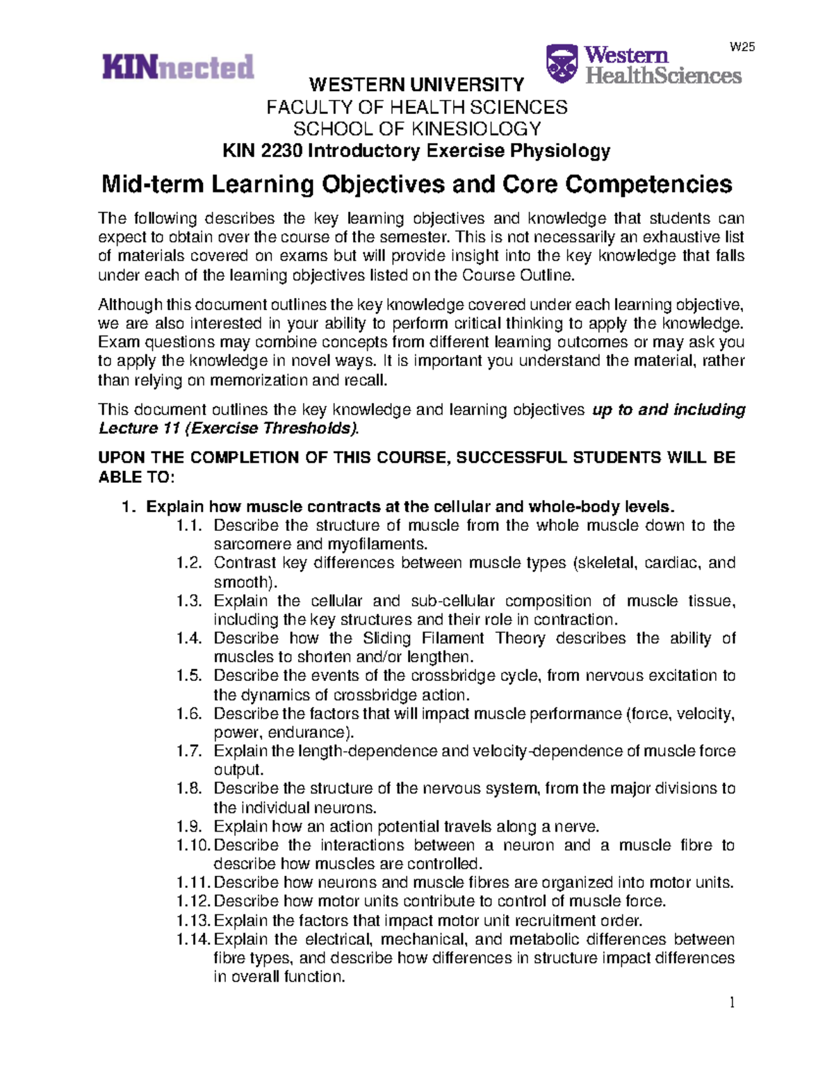 KIN 2230 Introductory Exercise Physiology: Learning Objectives & Key ...