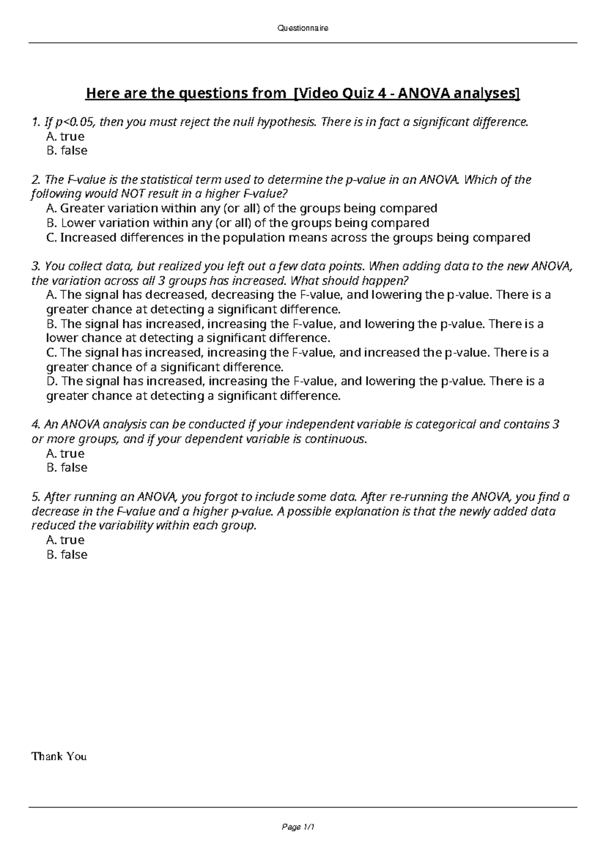 Video Quiz 4 - ANOVA Analysis Questions and Answers - Studocu