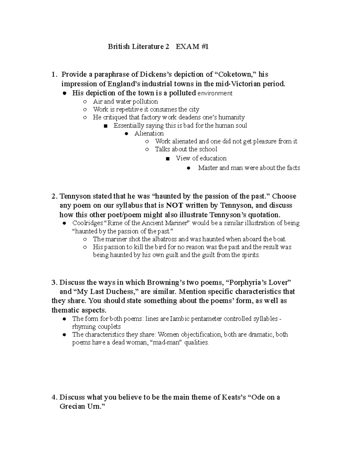 British Literature 2 Final Exam Review Notes and Discussion Points ...