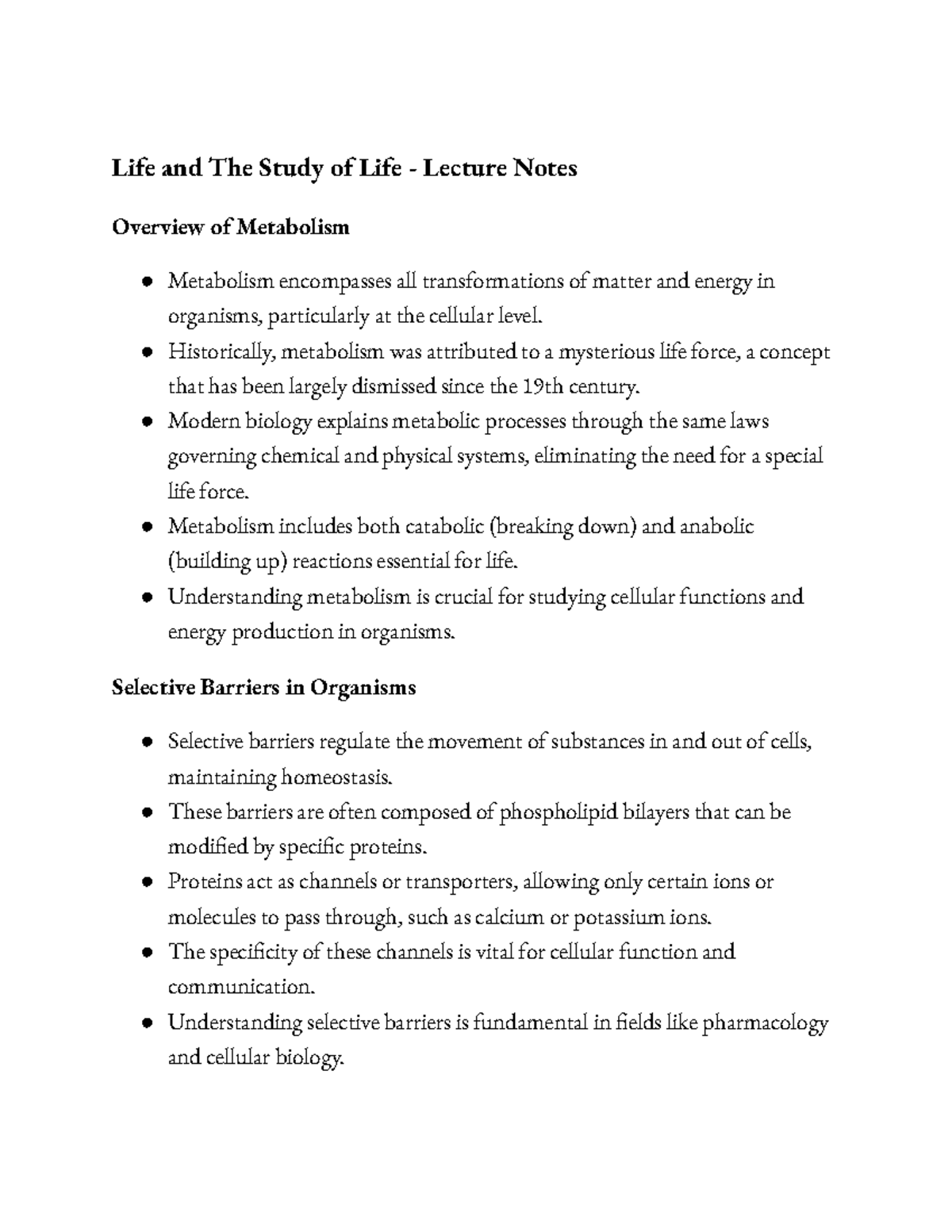 Life and The Study of Life - Lecture Notes on Metabolism and Evolution ...