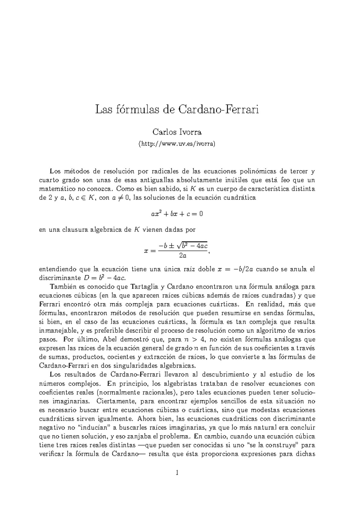 Formulas de Cardano-Ferrari para Ecuaciones de Tercer Grado - Studocu