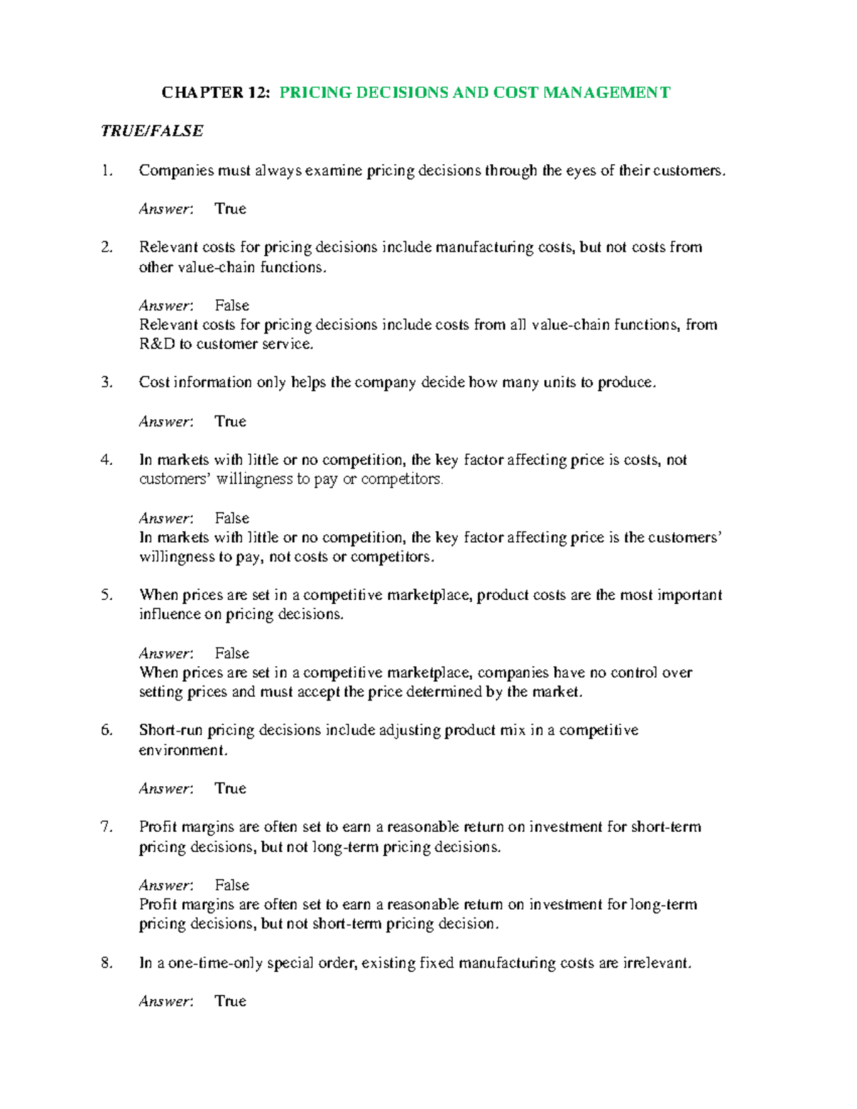 Ch12 Pricing Decisions & Cost Management Test Solutions - Studocu