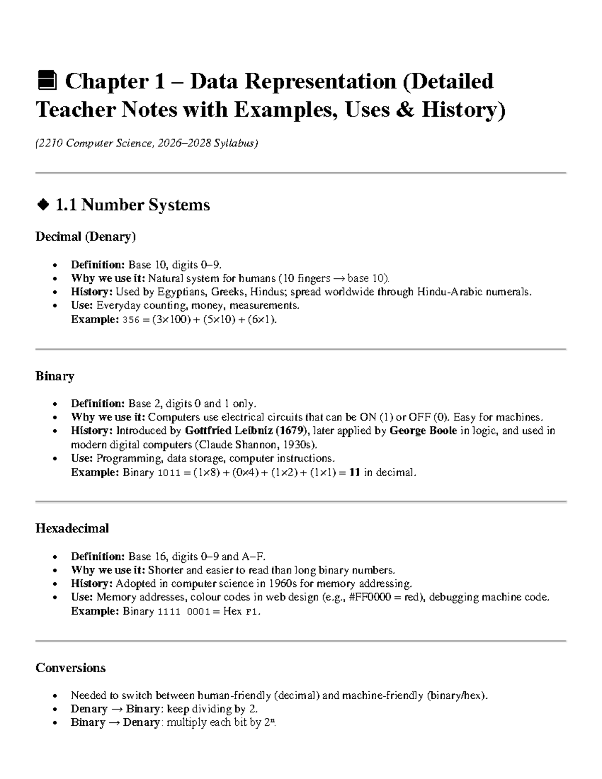 2210 Computer Science Chapter 1: Data Representation Notes & Examples ...
