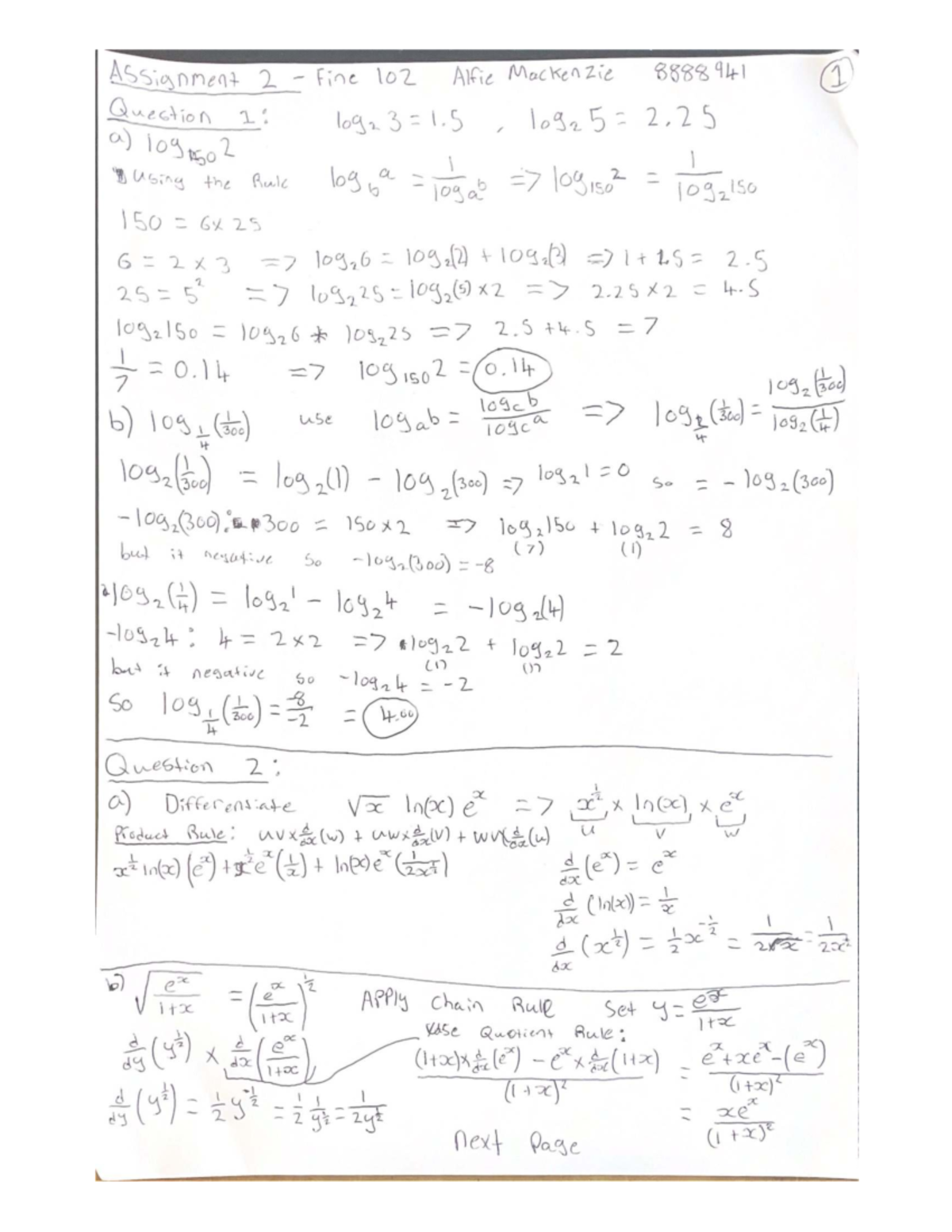 FINC102 Assignment 2: Logarithmic Functions & Differentiation - Studocu