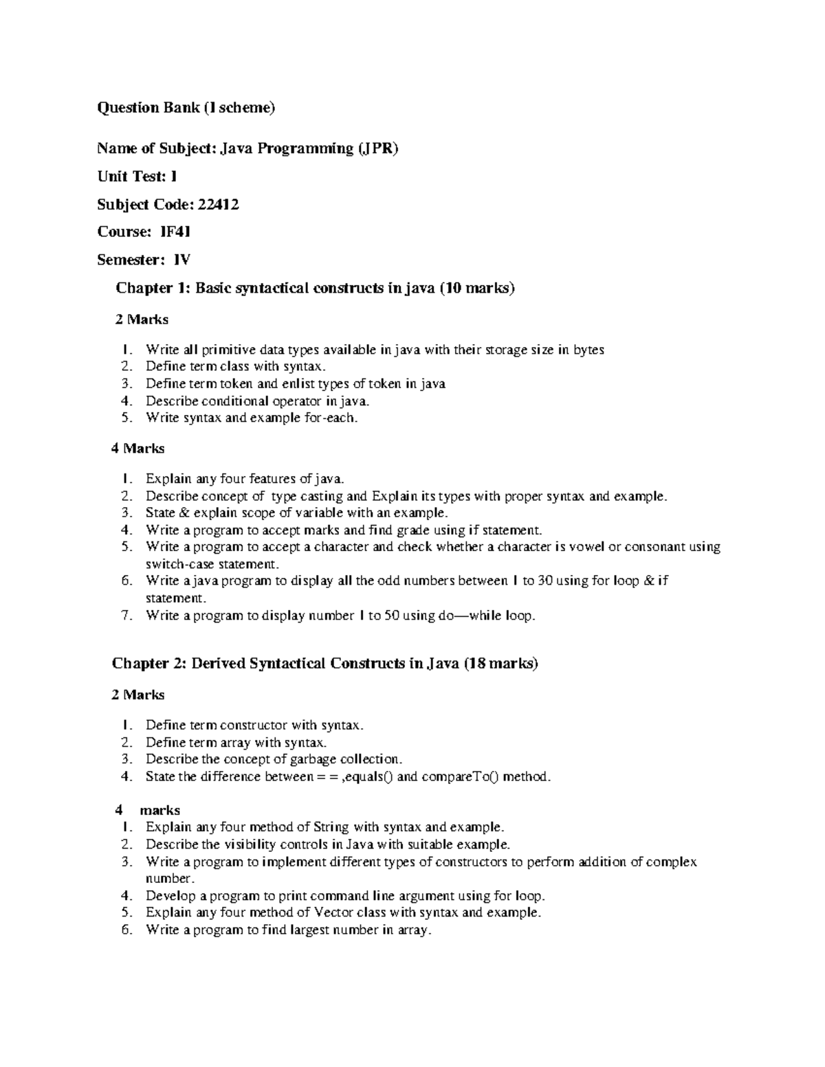 JPR 22412 - Java Programming Unit Test I Question Bank - Studocu