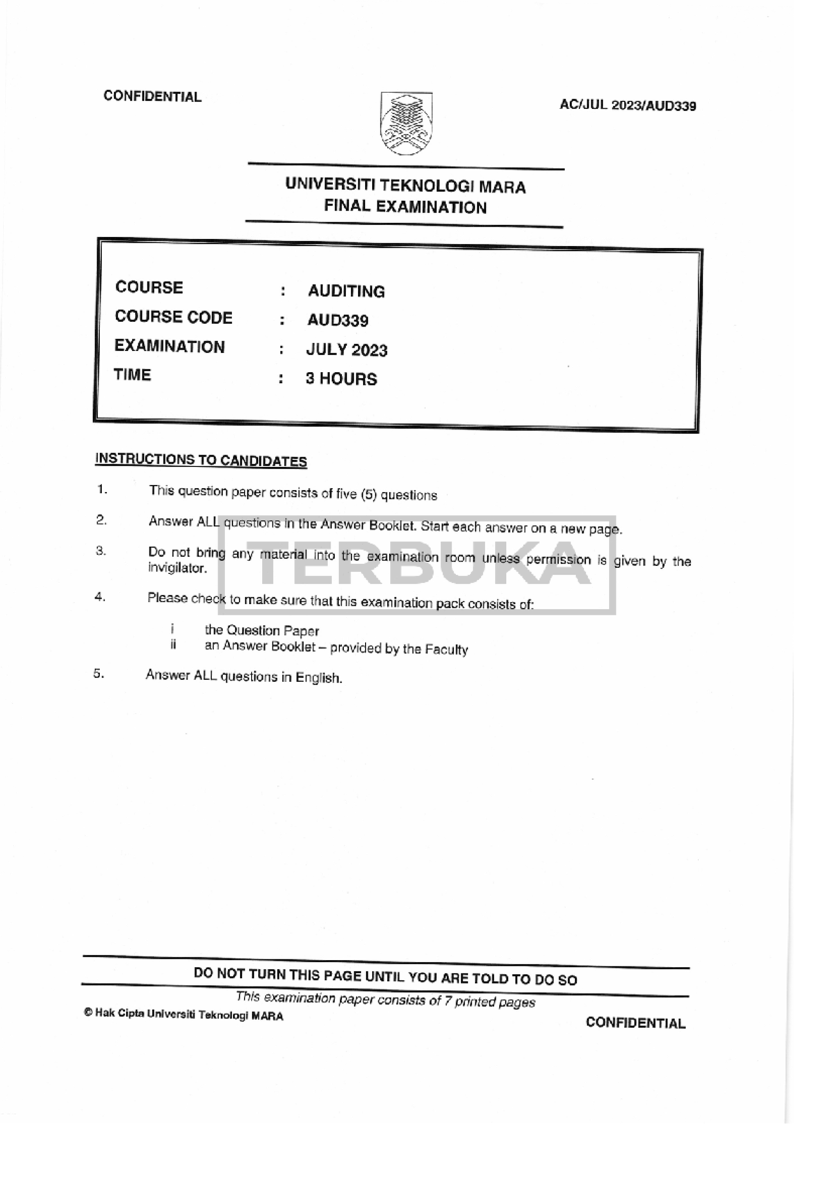 AUD339 Final Exam Paper - Auditing July 2023 - Studocu