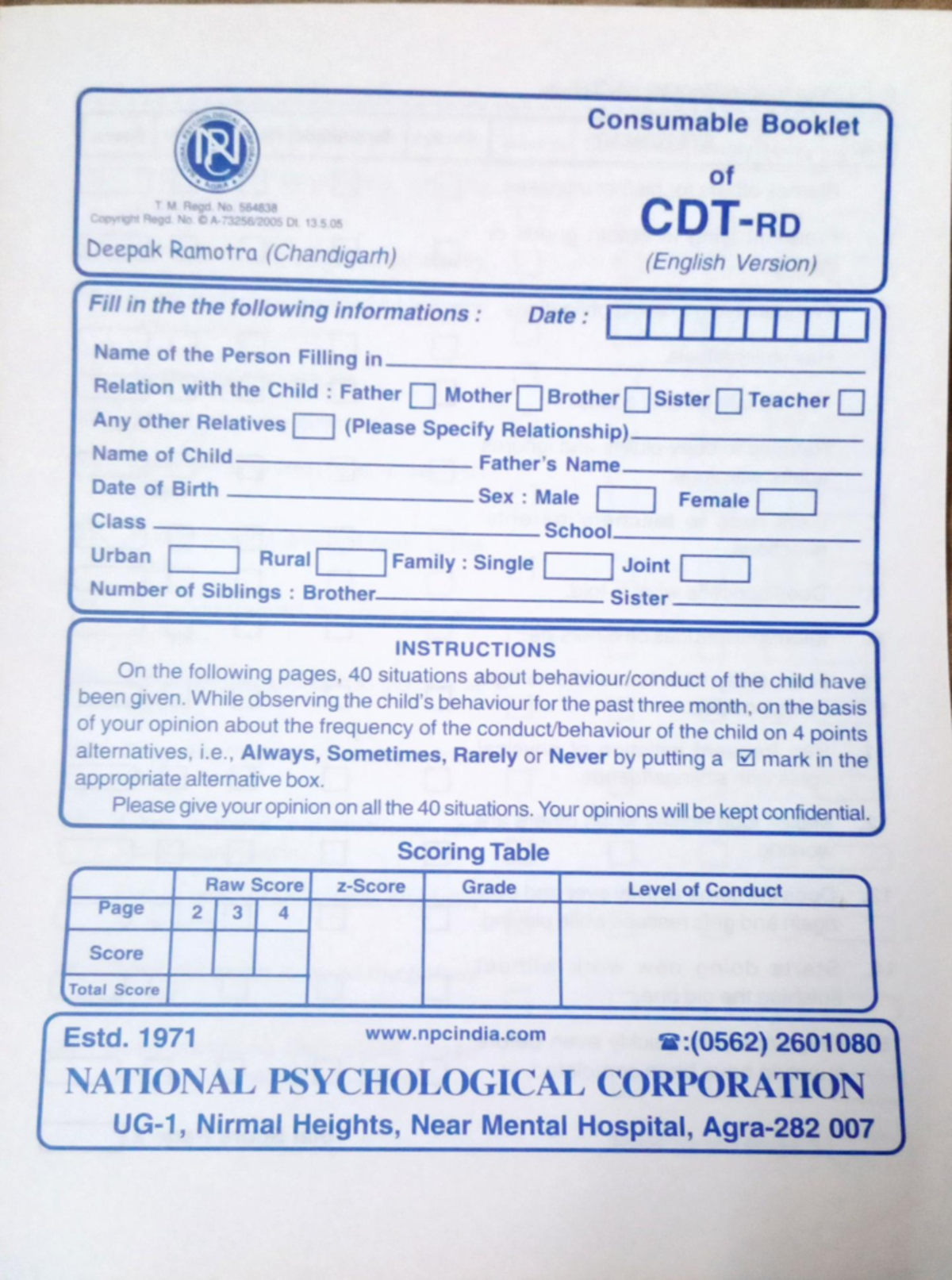 CDT-Questionnaire - Consumable Booklet of T. Regd. No 564838 Copyright ...