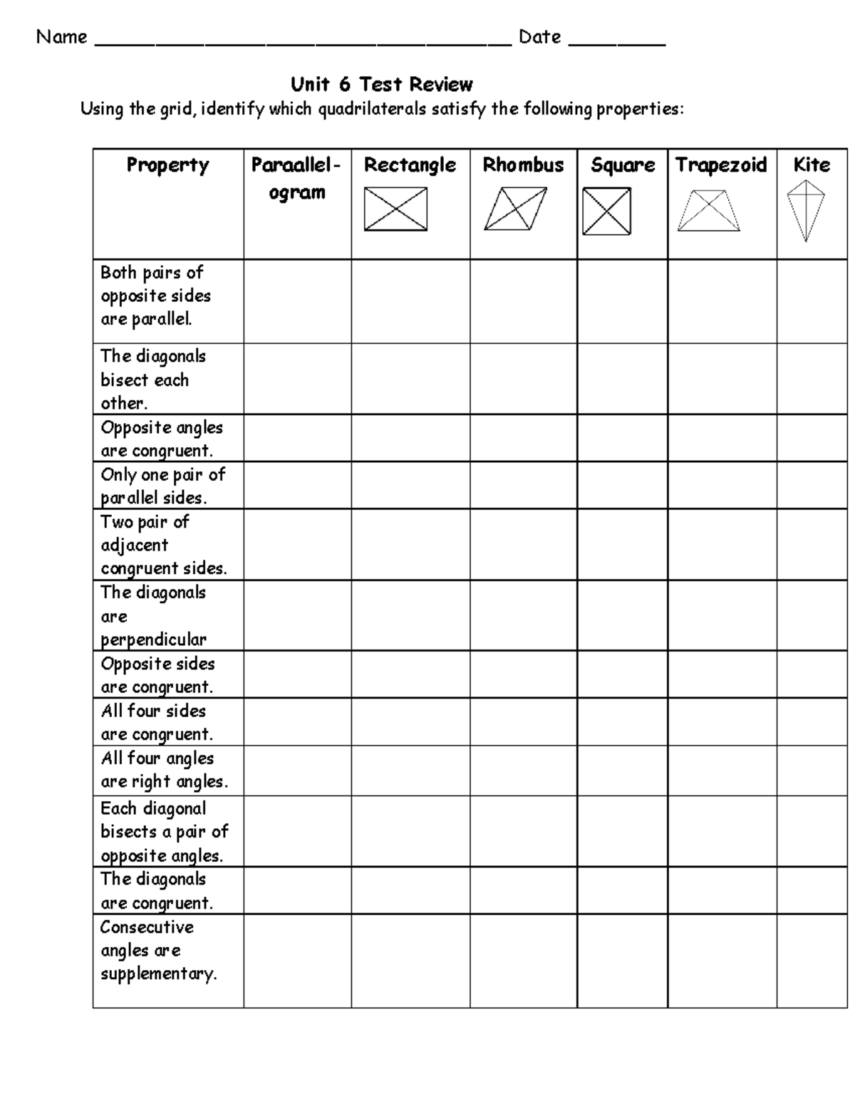 Ch 6 Test Review: Properties of Quadrilaterals and Polygons - Studocu