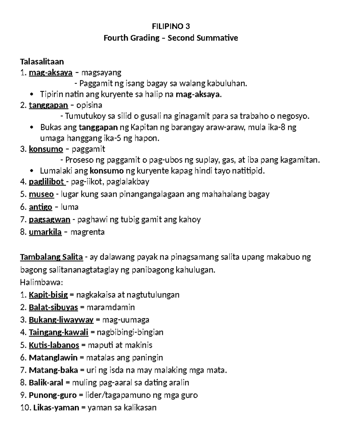 Filipino 3 - Summary ng Aspekto ng Pandiwa at Tambalang Salita - Studocu