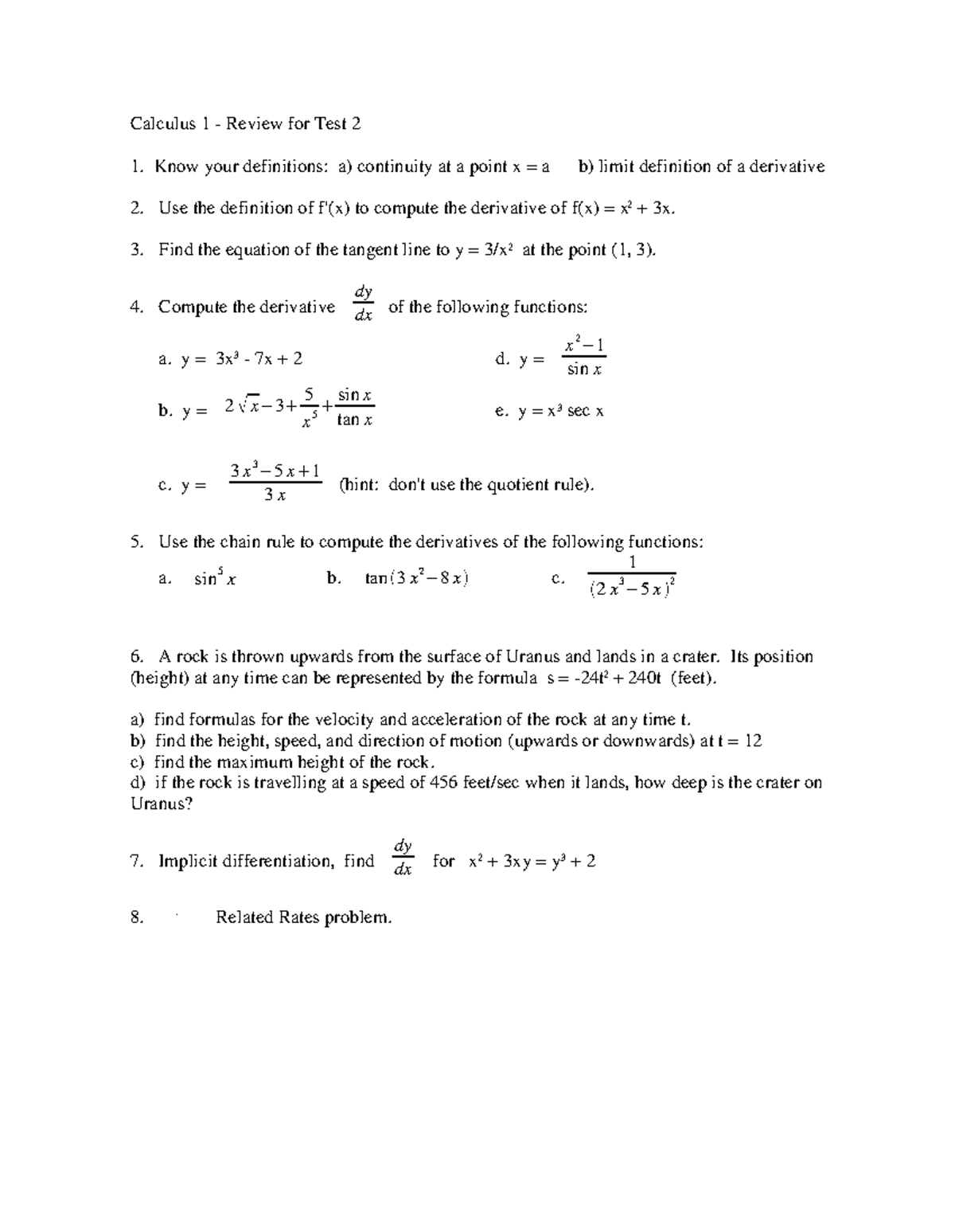 Calc 1 Exam 2 Review - Key Concepts & Practice Problems - Studocu