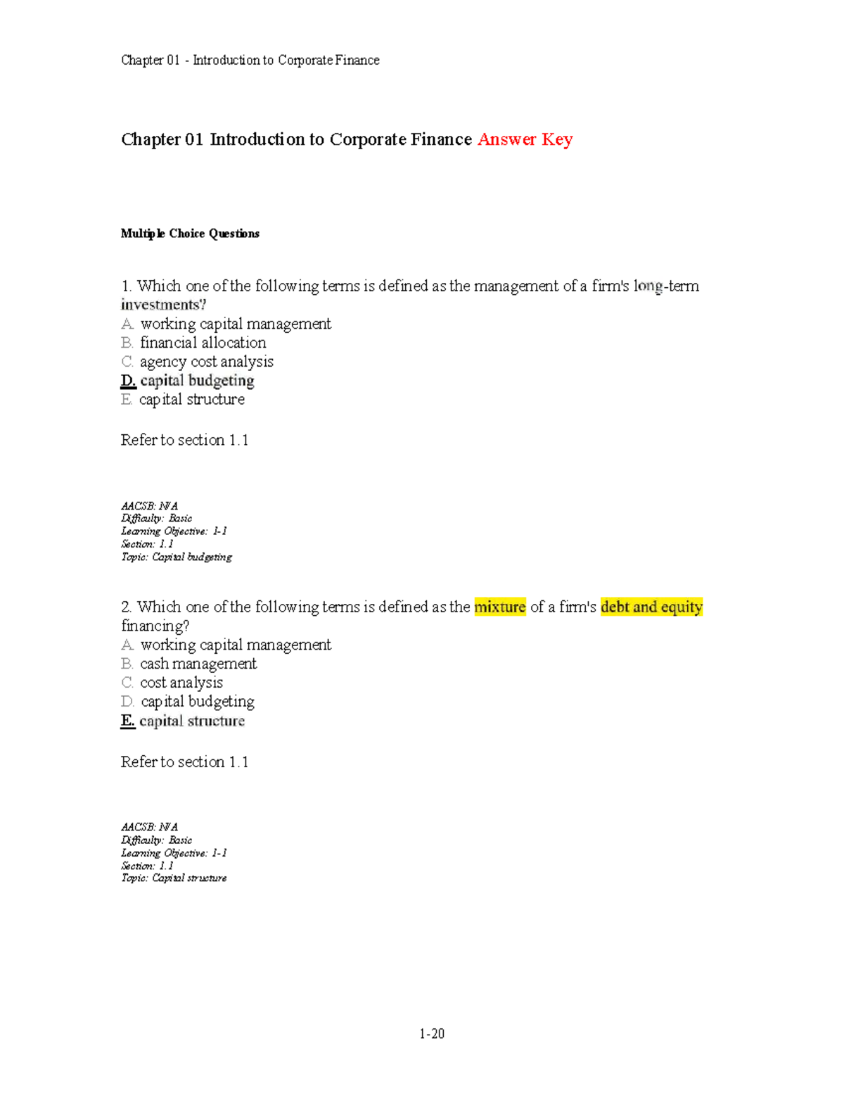Chapter 01 Corporate Finance - Multiple Choice Questions Answer Key ...