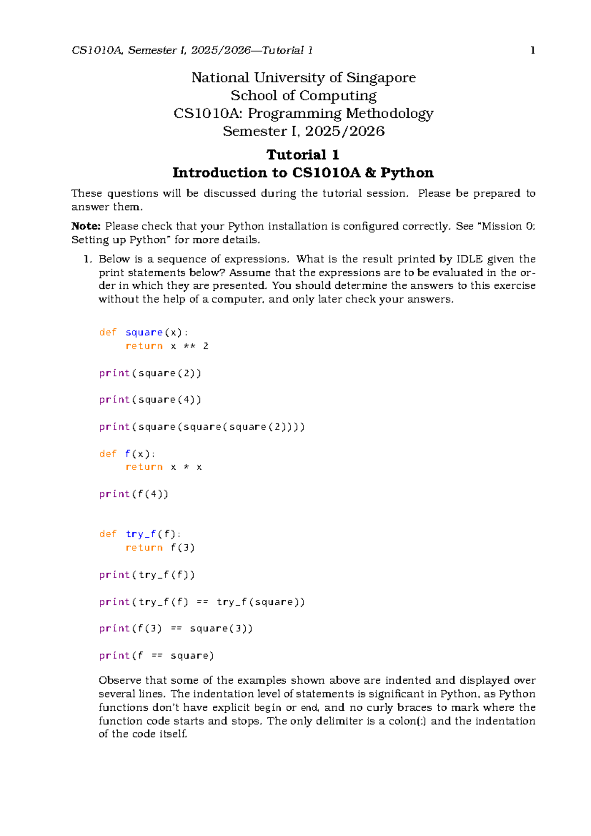 CS1010A: Semester I Tutorial 1 - Intro to Python Programming - Studocu