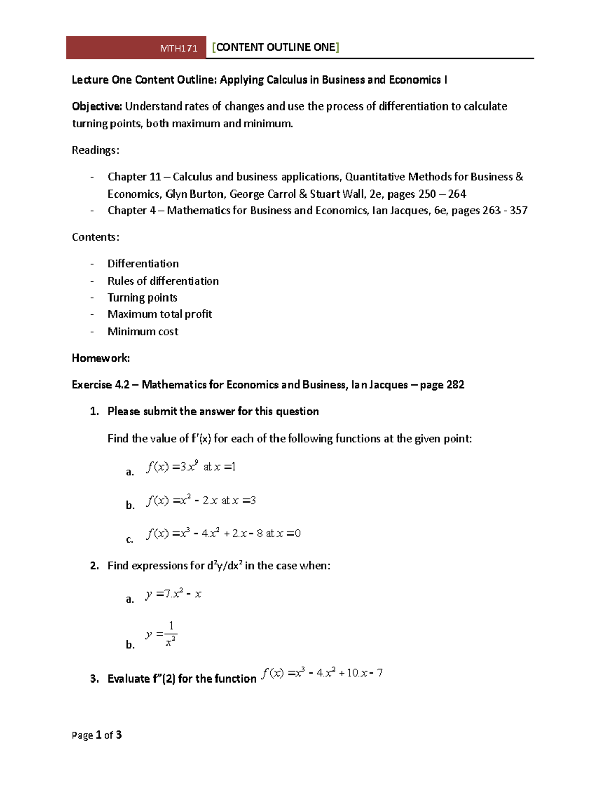 MTH171 Lecture 1: Applying Calculus in Business & Economics I - Studocu