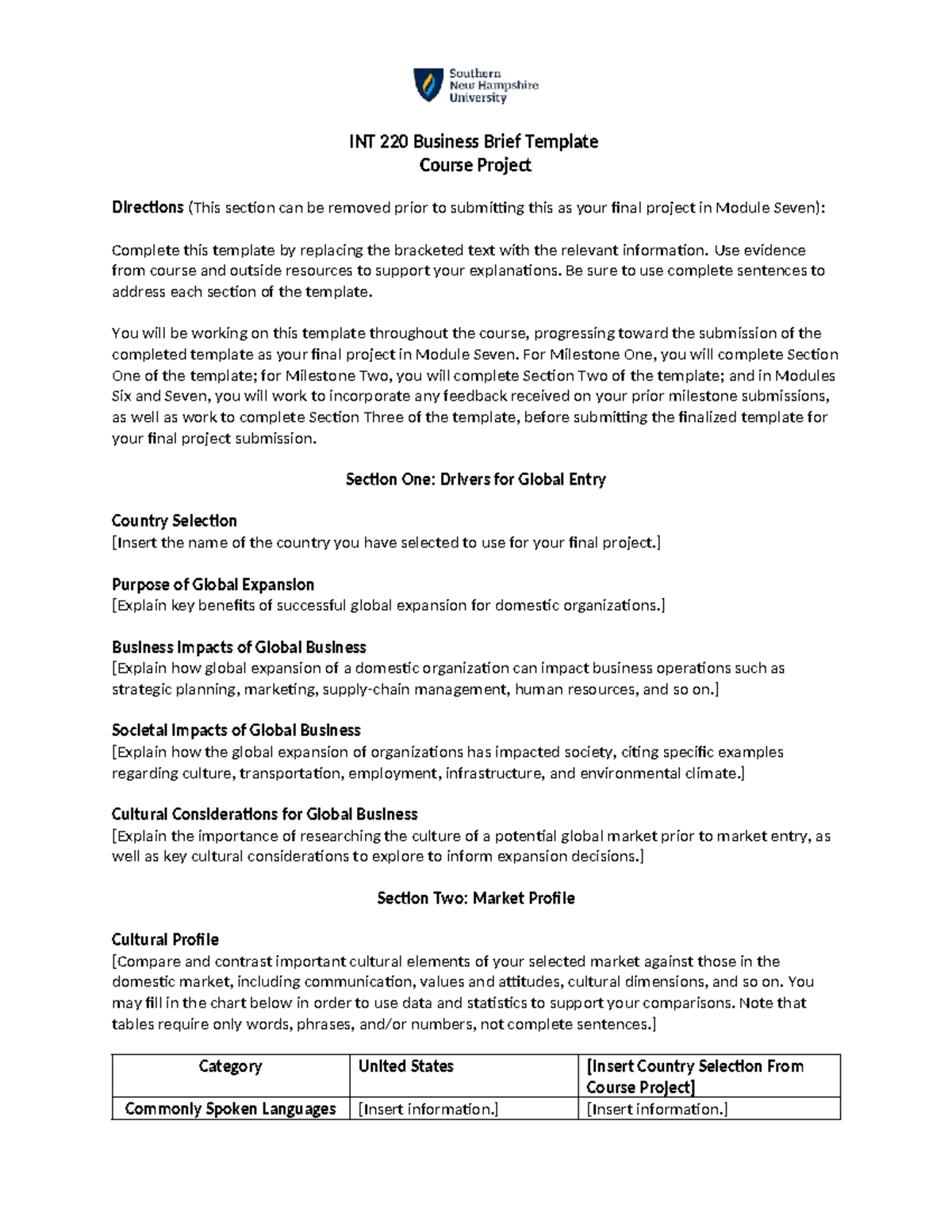 Final project directions for INT 220 business brief template - Studocu