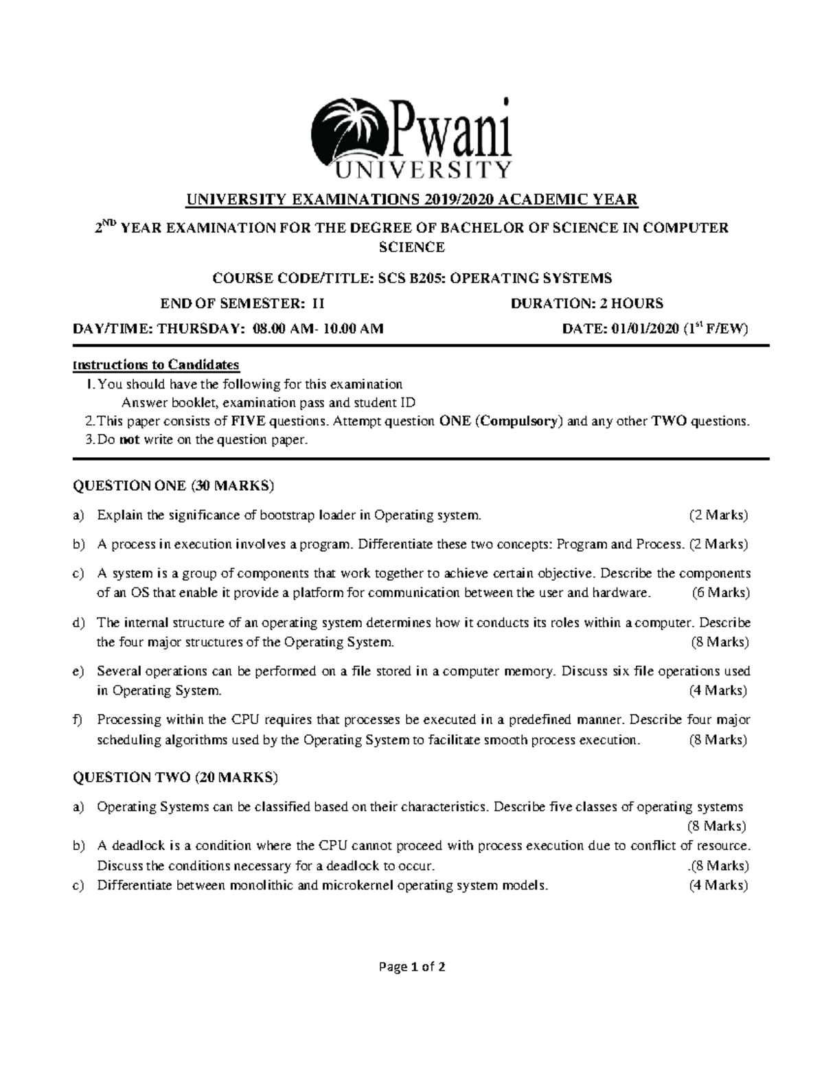 SCS B205: Operating Systems End of Semester Exam Guide - Studocu