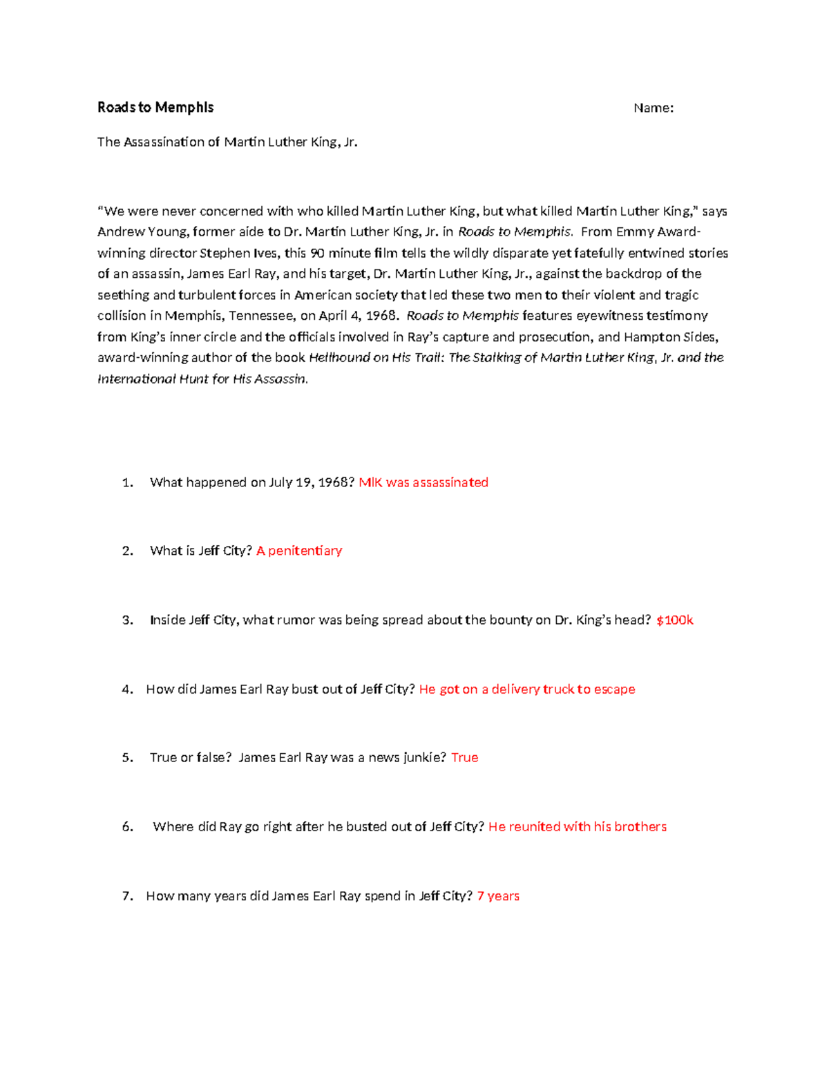 Roads to Memphis Student Doc 2023-1-2 - Roads to Memphis Name: The ...