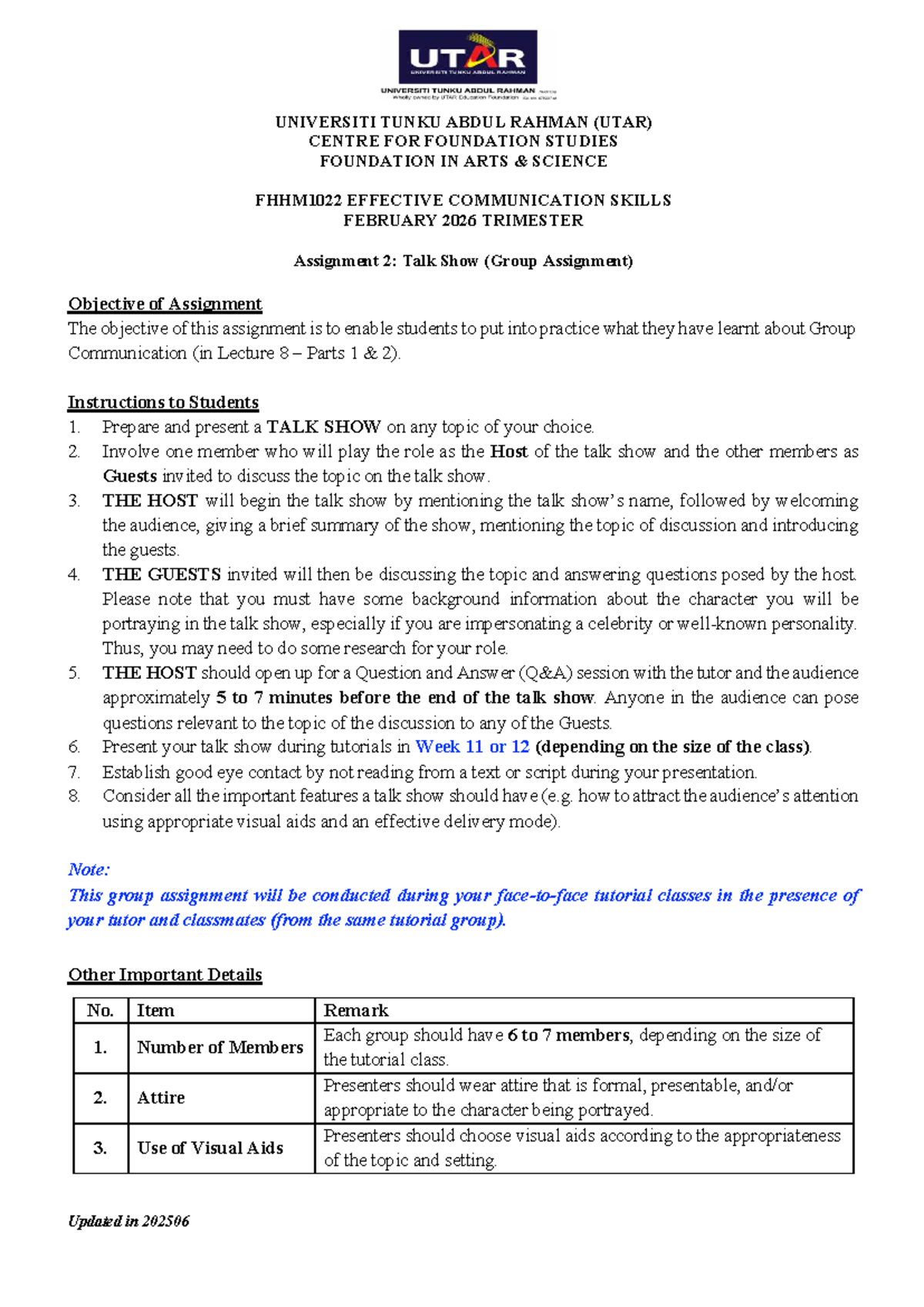 UTAR FHHM1022 Effective Communication Skills: Talk Show Assignment 2 ...