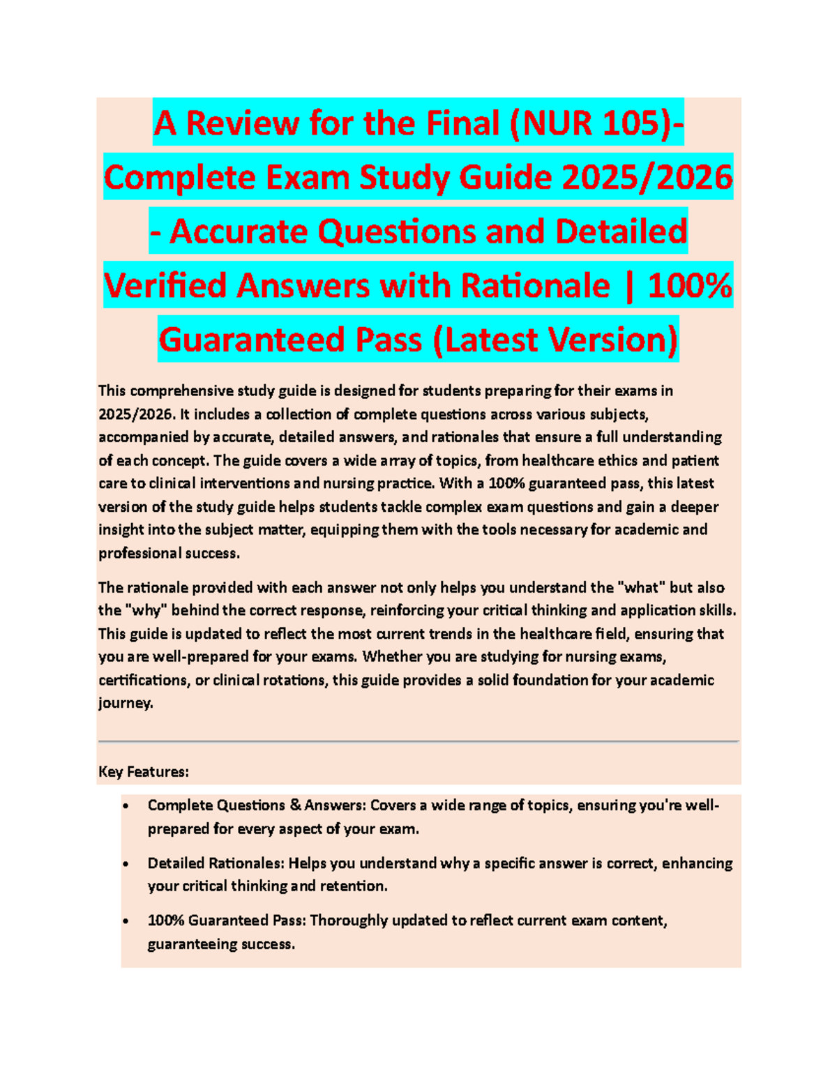 NUR 105 Final Exam Study Guide: Comprehensive Q&A with Rationales - Studocu