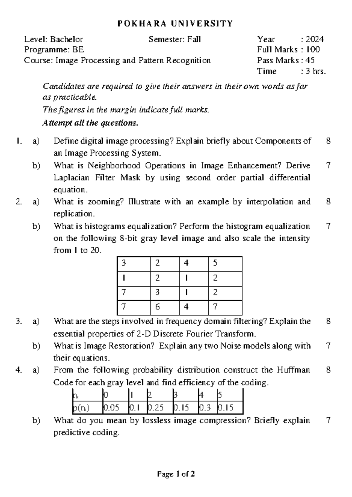 Image Processing and Pattern Recognition (BE, Fall 2024) Exam Guide ...