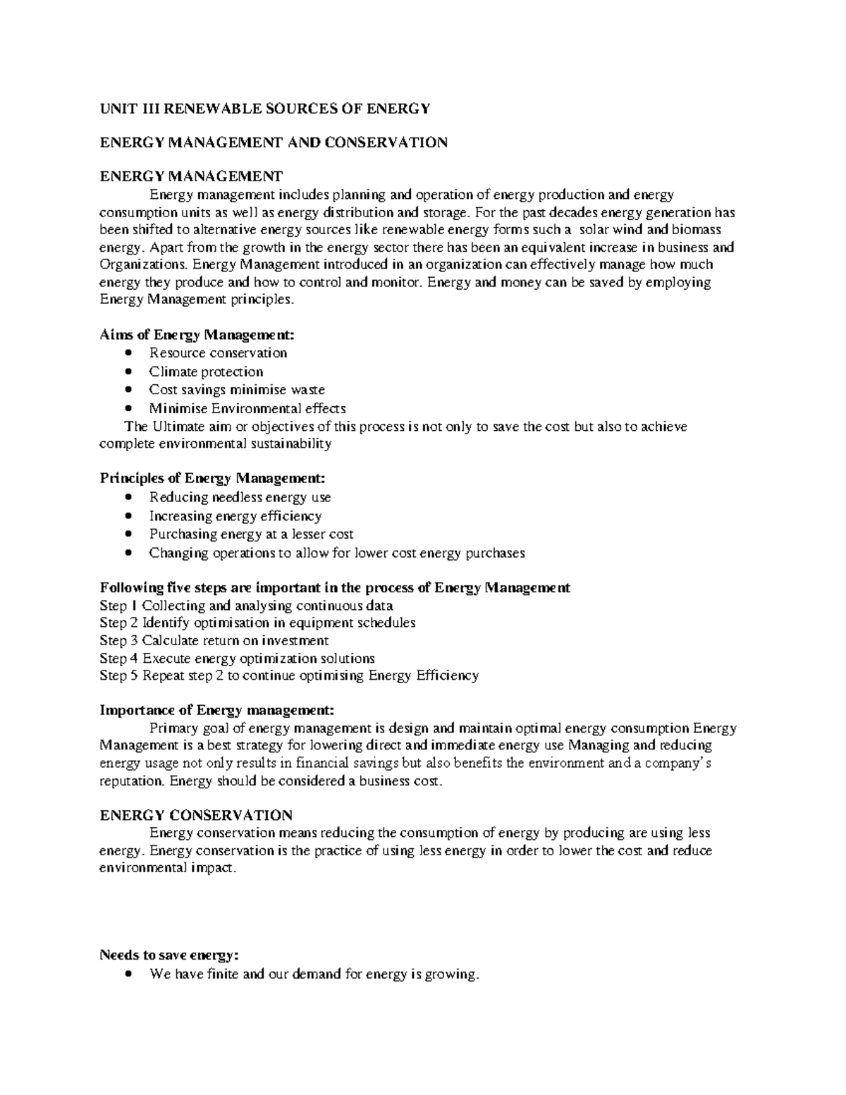 ESS Unit 3: Renewable Energy Sources & Energy Management Notes - Studocu