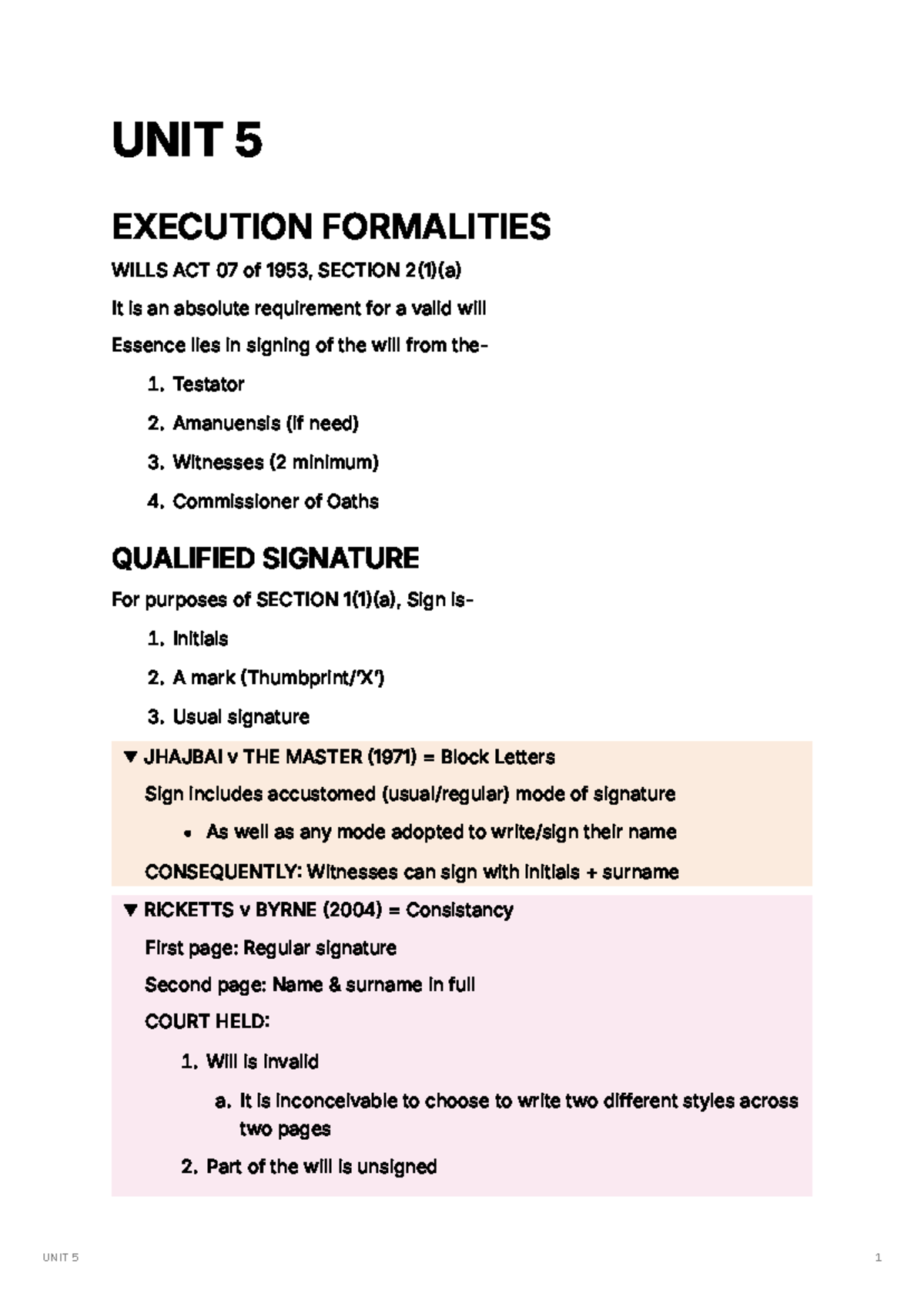 Execution Formalities Study Notes - Wills Act 07 of 1953 - Studocu