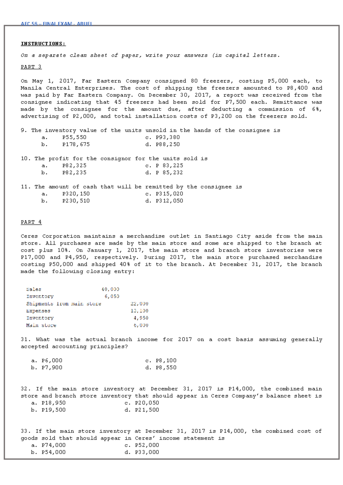 FINAL EXAM April 3, 2020 - Accounting Questions and Answers - Studocu