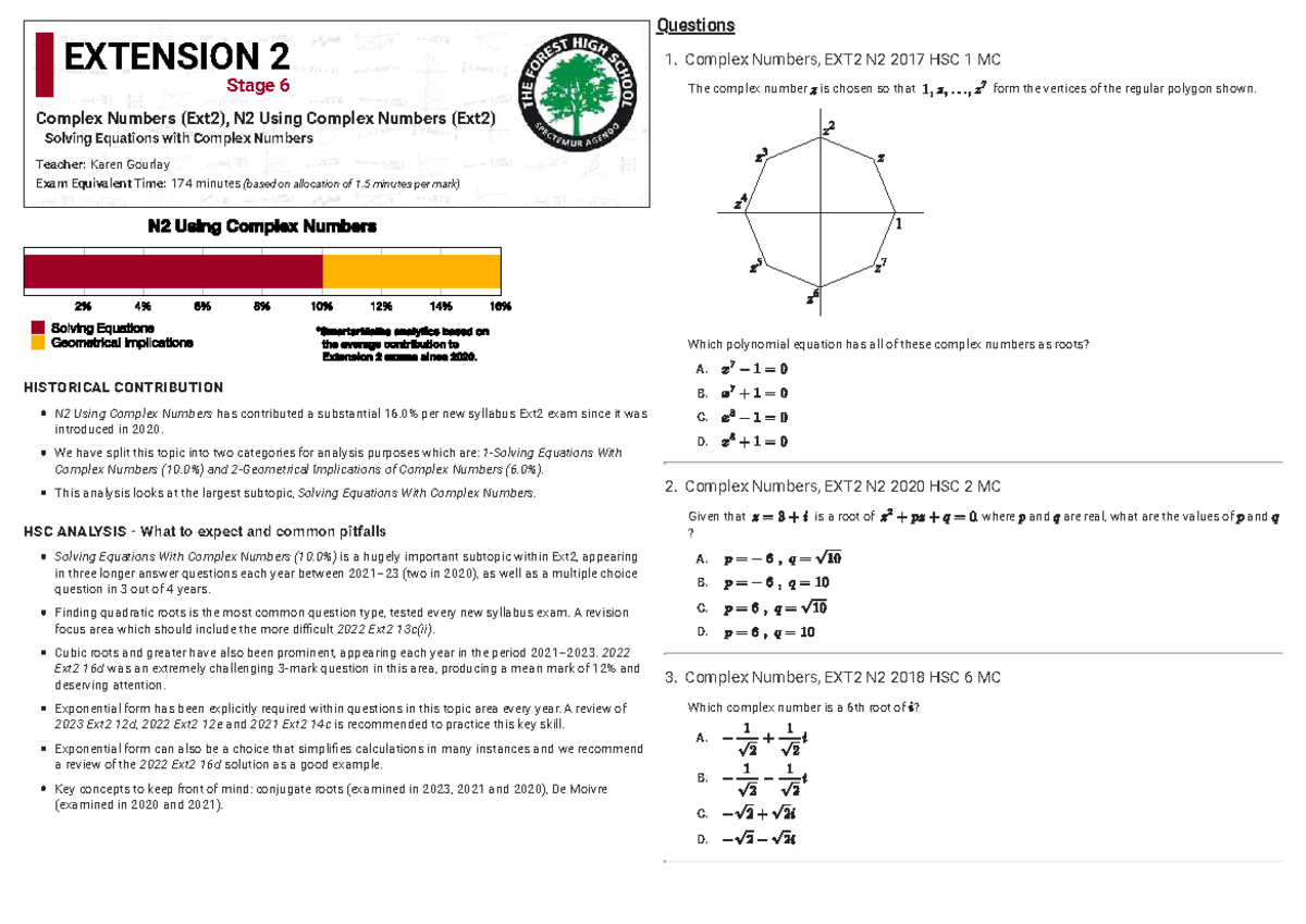 Complex Numbers EXT2 N2 HSC Exam Analysis and Solutions - Studocu
