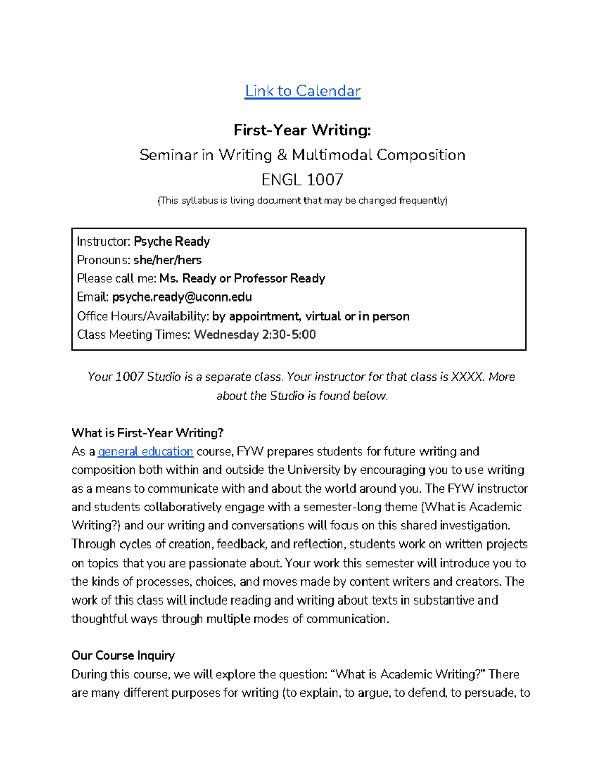 FYW Syllabus - Link to Calendar First-Year Writing: Seminar in Writing ...