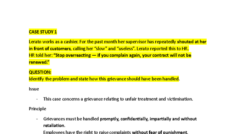 CASE STUDY 1: Grievance Handling and Workplace Fairness - LARM Final ...